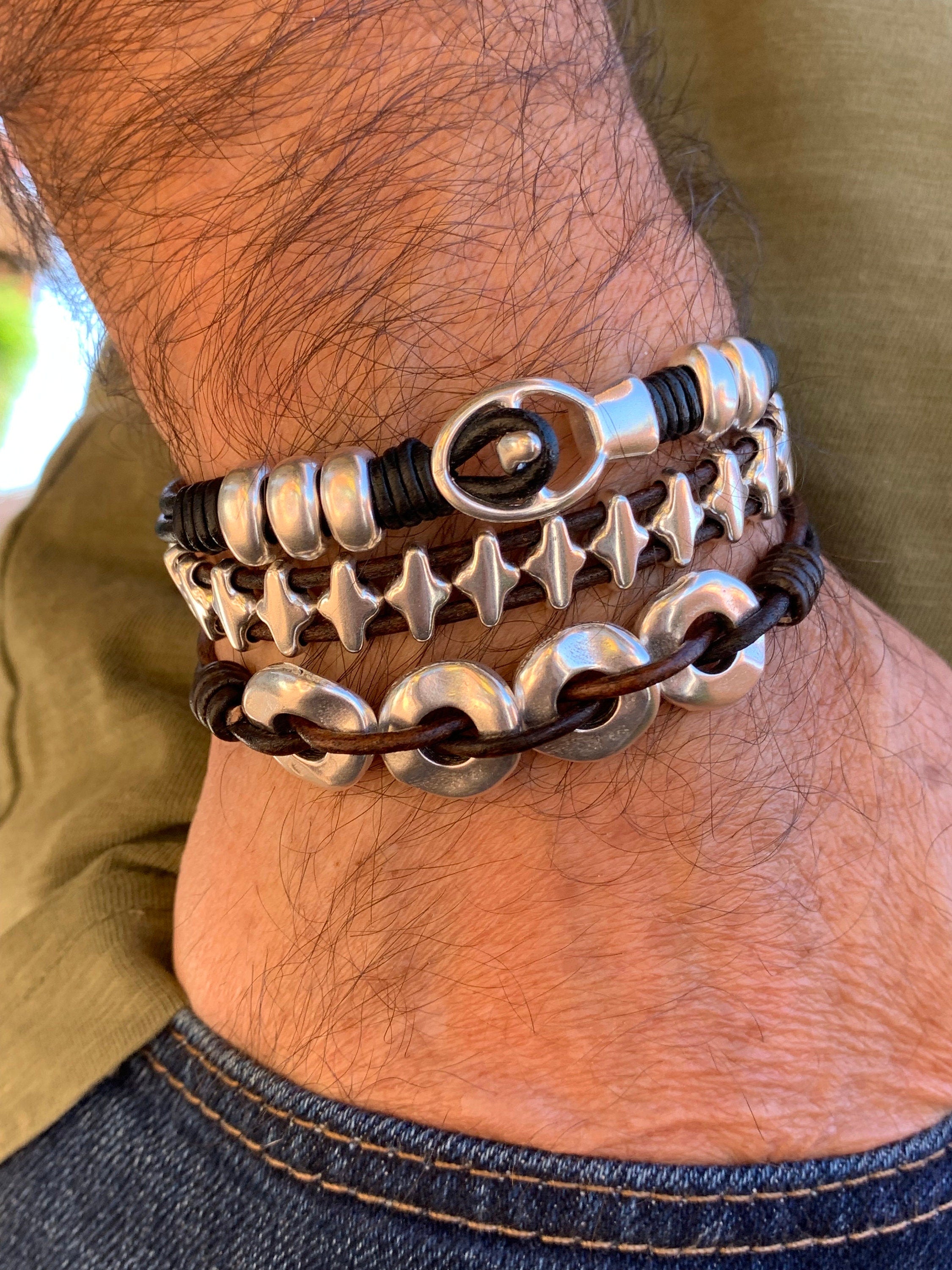leather bracelet for men, silver beaded leather bracelet, unisex leather bracelet, uno de 50 style, bohemian men bracelet, gift for men