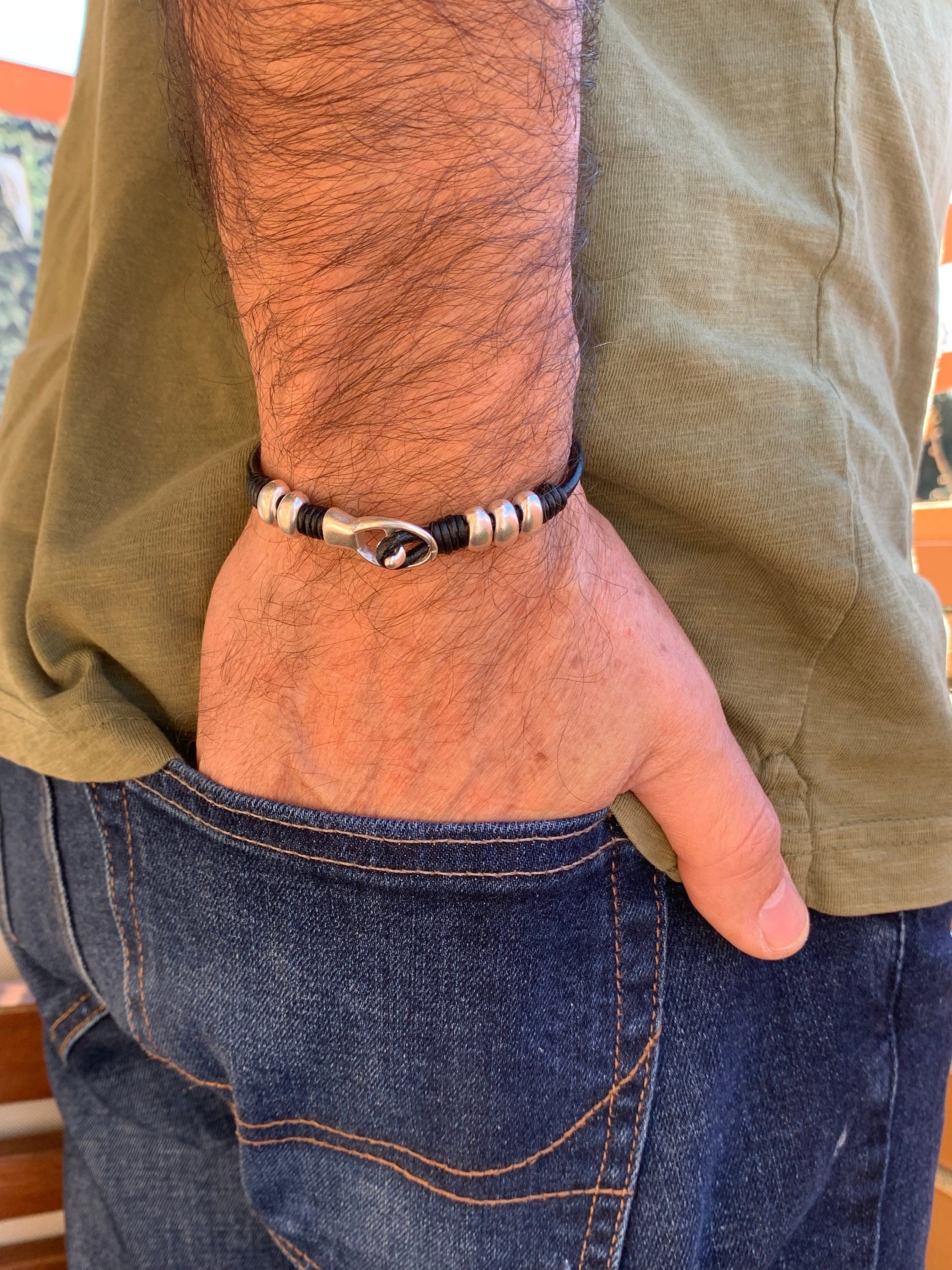 leather bracelet for men, silver beaded leather bracelet, unisex leather bracelet, uno de 50 style, bohemian men bracelet, gift for men