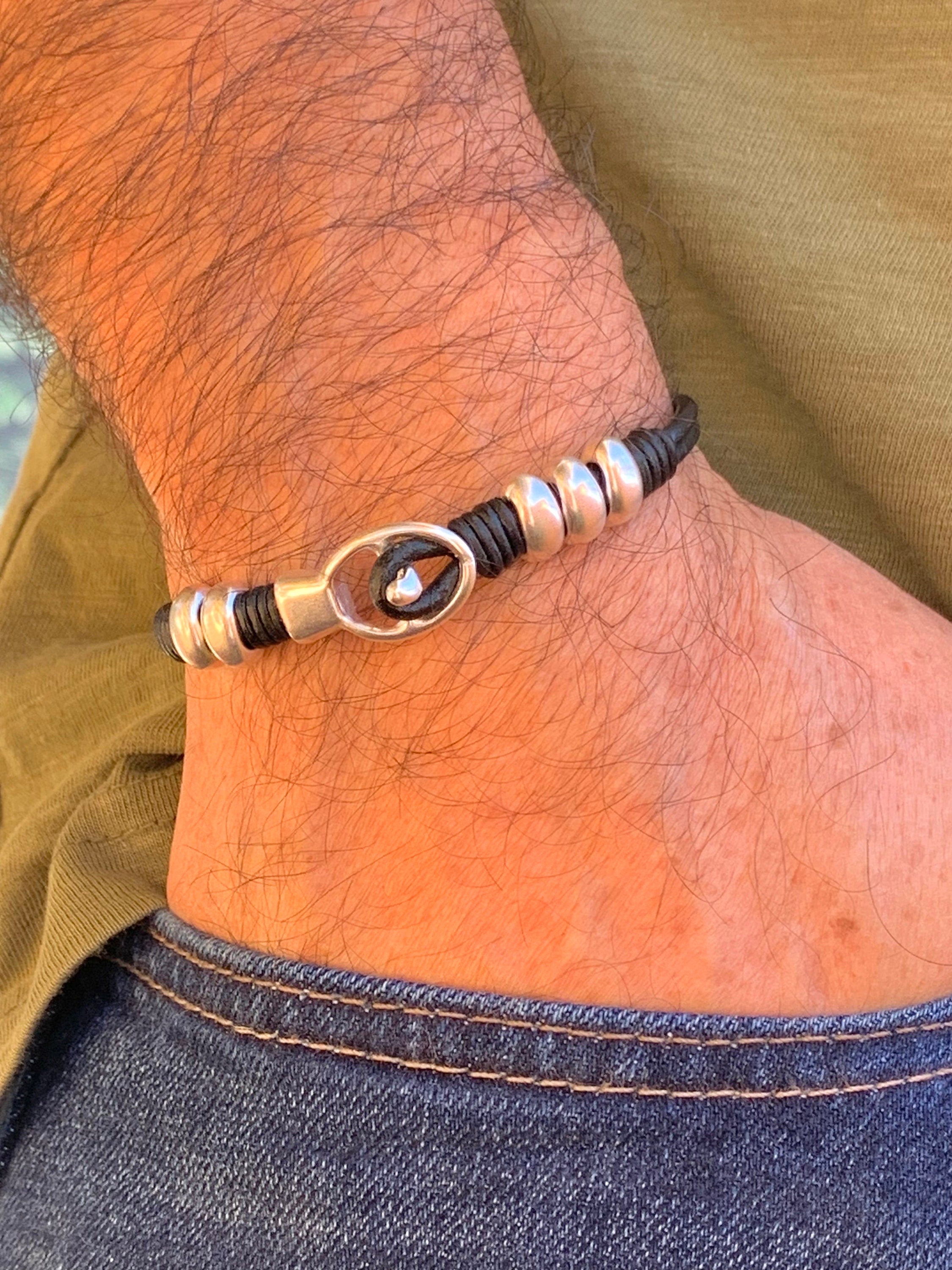 leather bracelet for men, silver beaded leather bracelet, unisex leather bracelet, uno de 50 style, bohemian men bracelet, gift for men