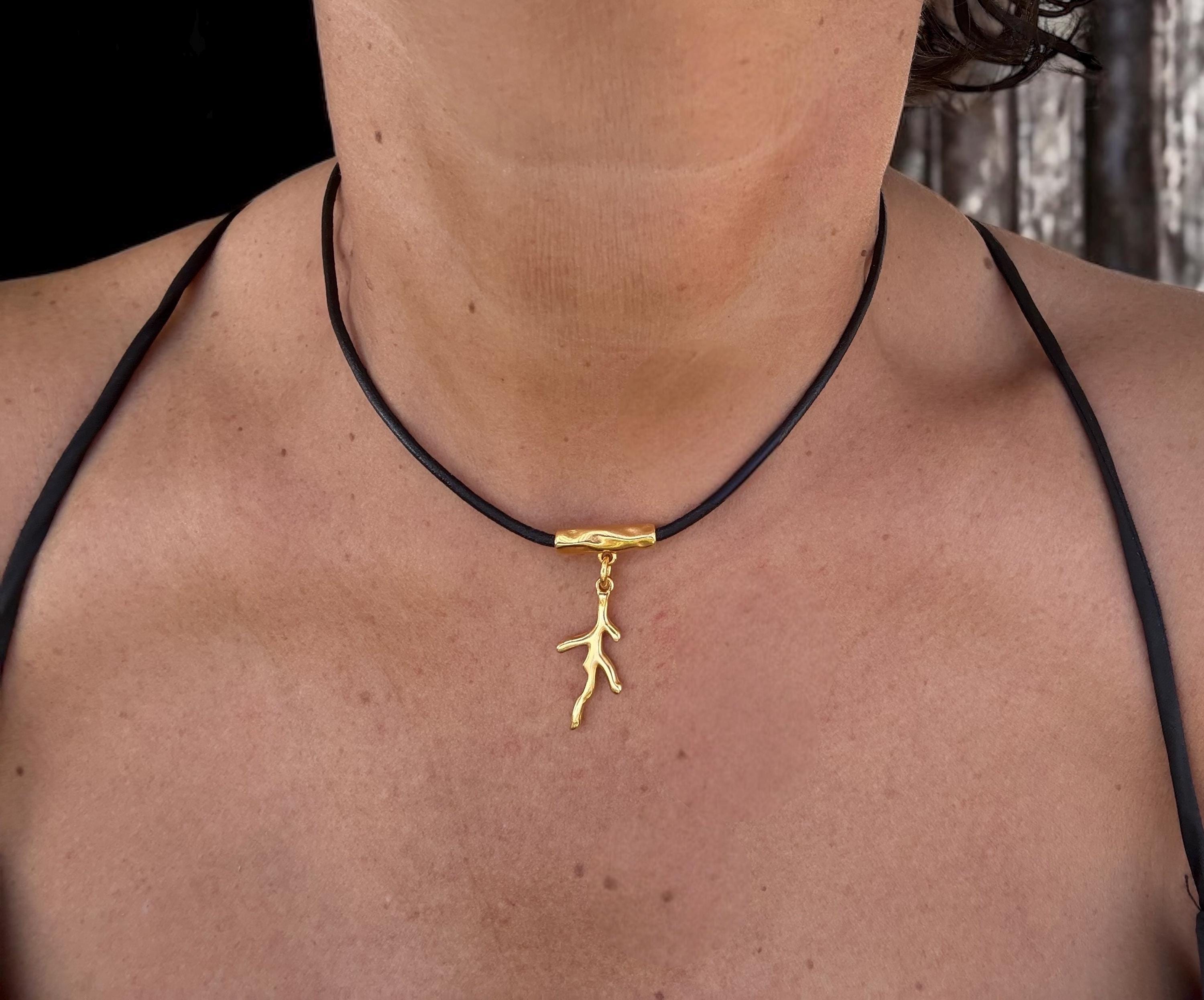 Minimalist Leather Choker: Gold Branch Pendant, Handmade in Spain