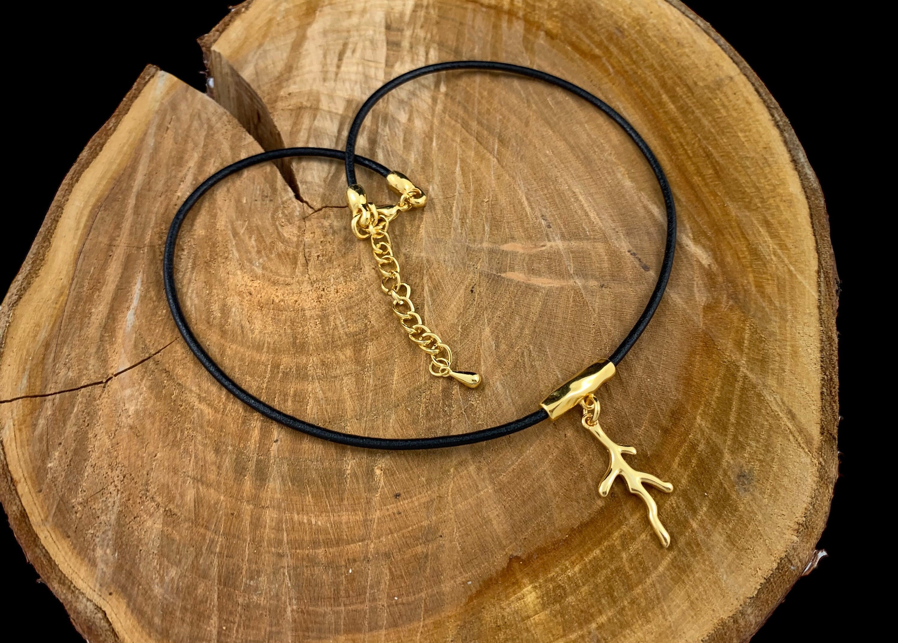Minimalist Leather Choker: Gold Branch Pendant, Handmade in Spain