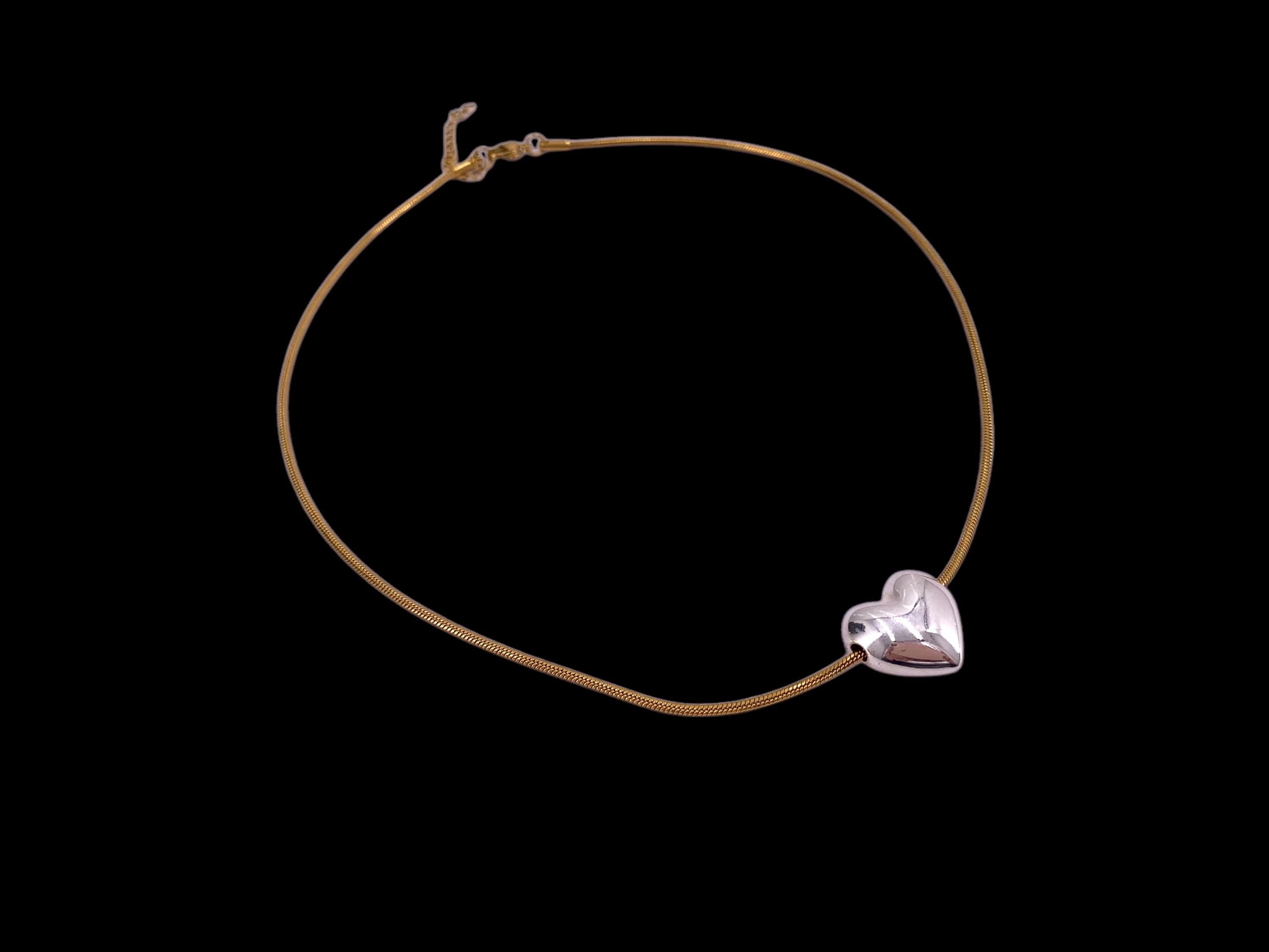 Dainty Gold Snake Chain Necklace with Silver Heart Pendant – Adjustable Handmade Boho Jewelry for Women - heart choker - gift for her