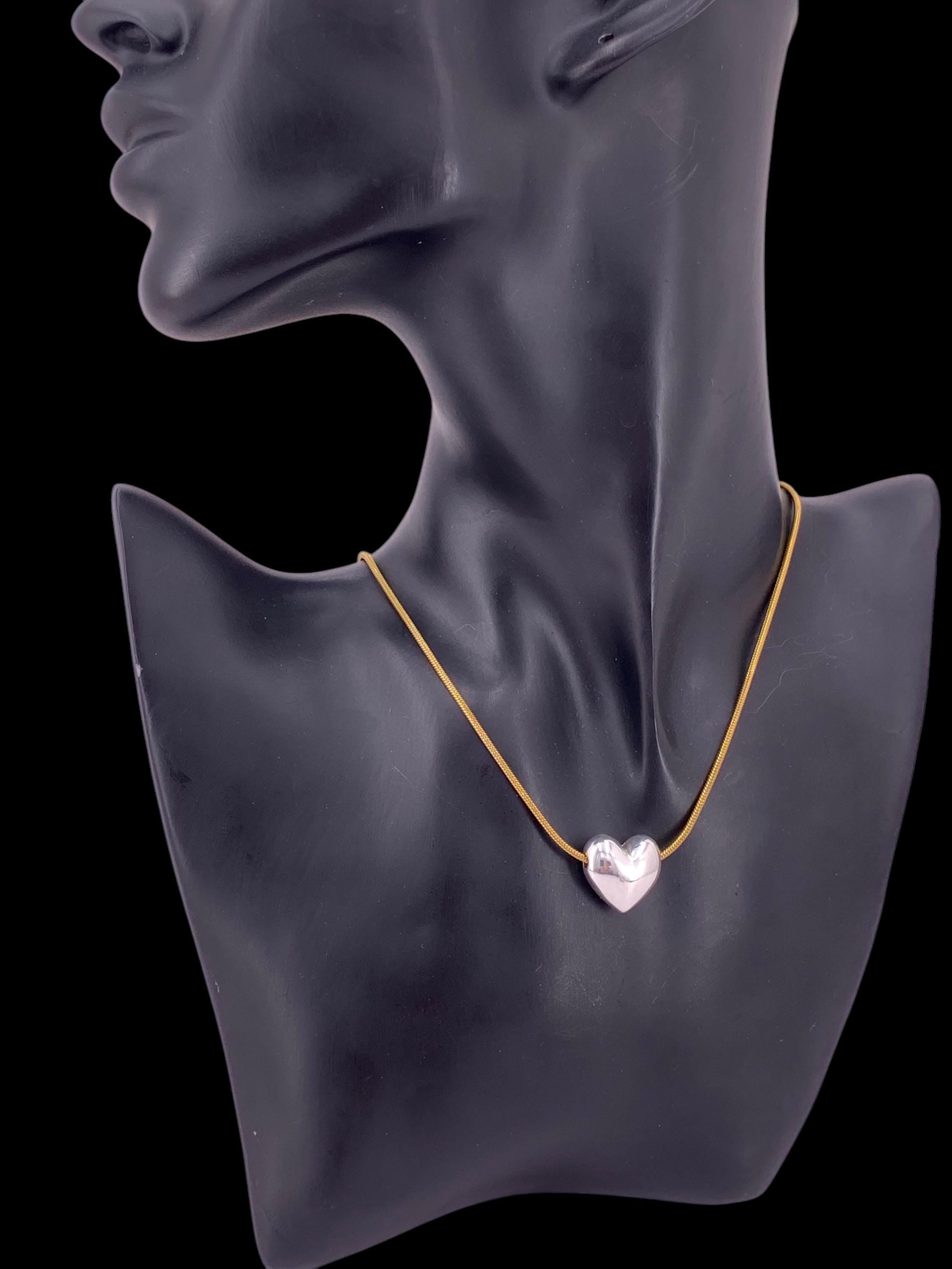 Dainty Gold Snake Chain Necklace with Silver Heart Pendant – Adjustable Handmade Boho Jewelry for Women - heart choker - gift for her