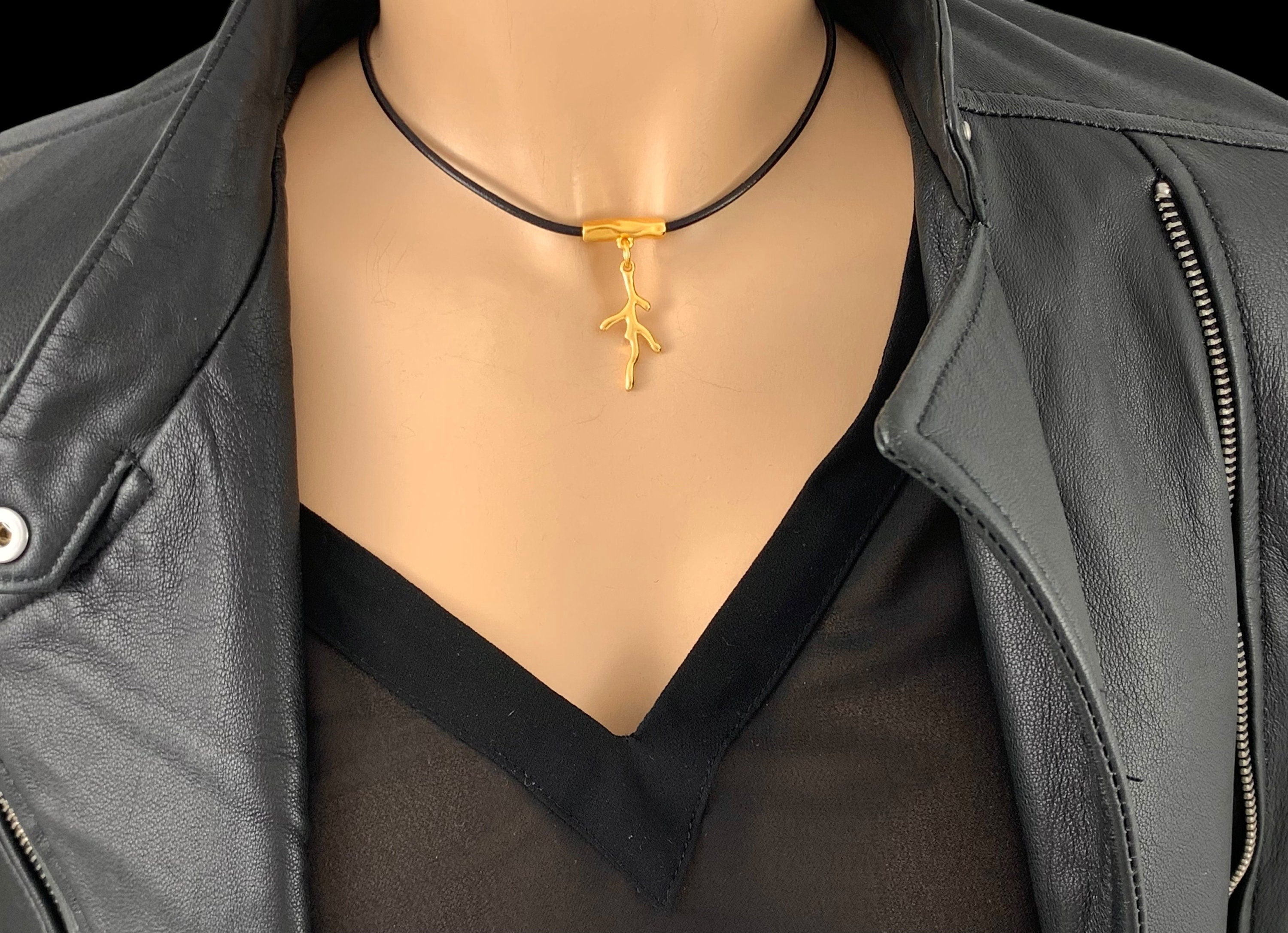 Minimalist Leather Choker: Gold Branch Pendant, Handmade in Spain