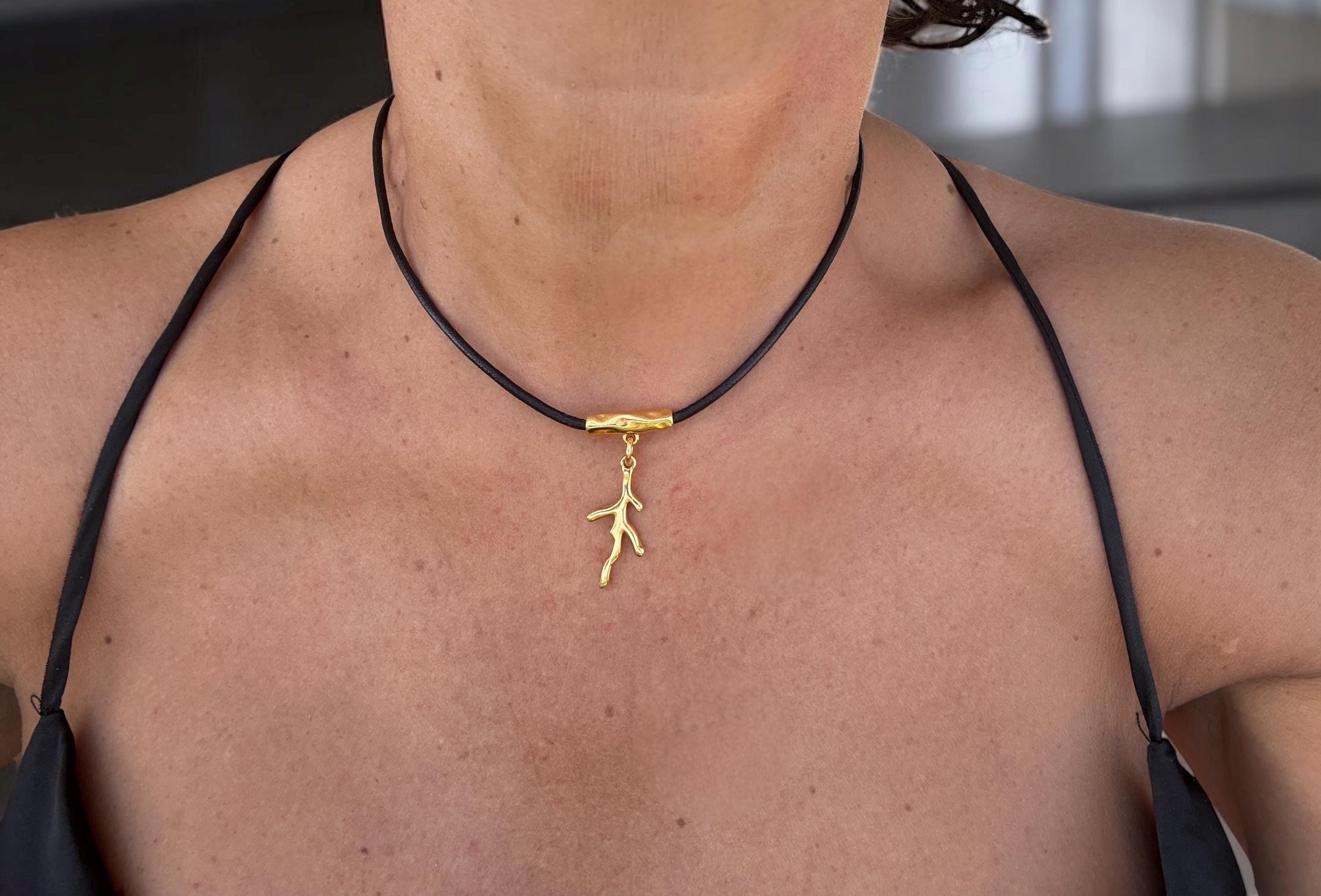 Minimalist Leather Choker: Gold Branch Pendant, Handmade in Spain