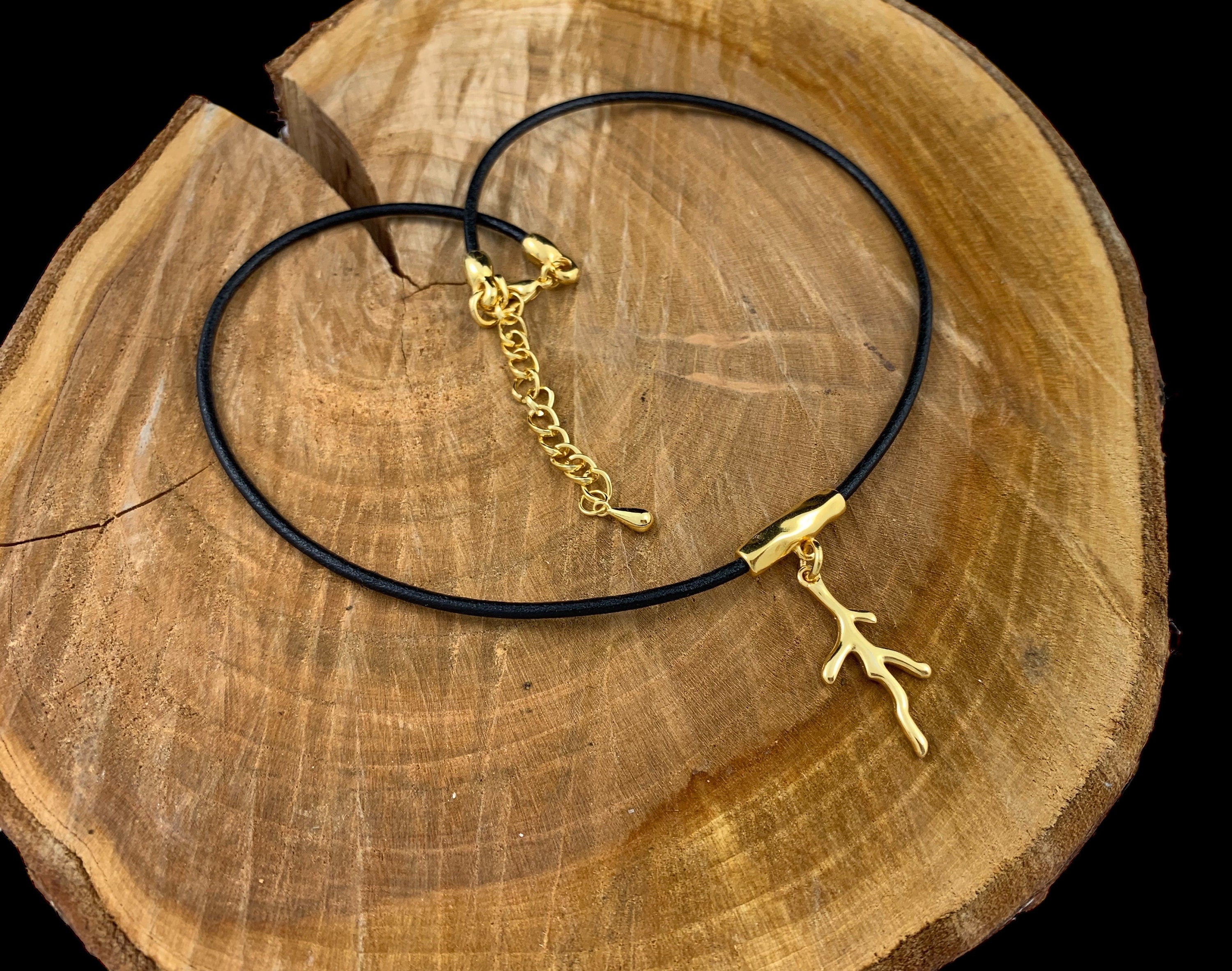 Minimalist Leather Choker: Gold Branch Pendant, Handmade in Spain
