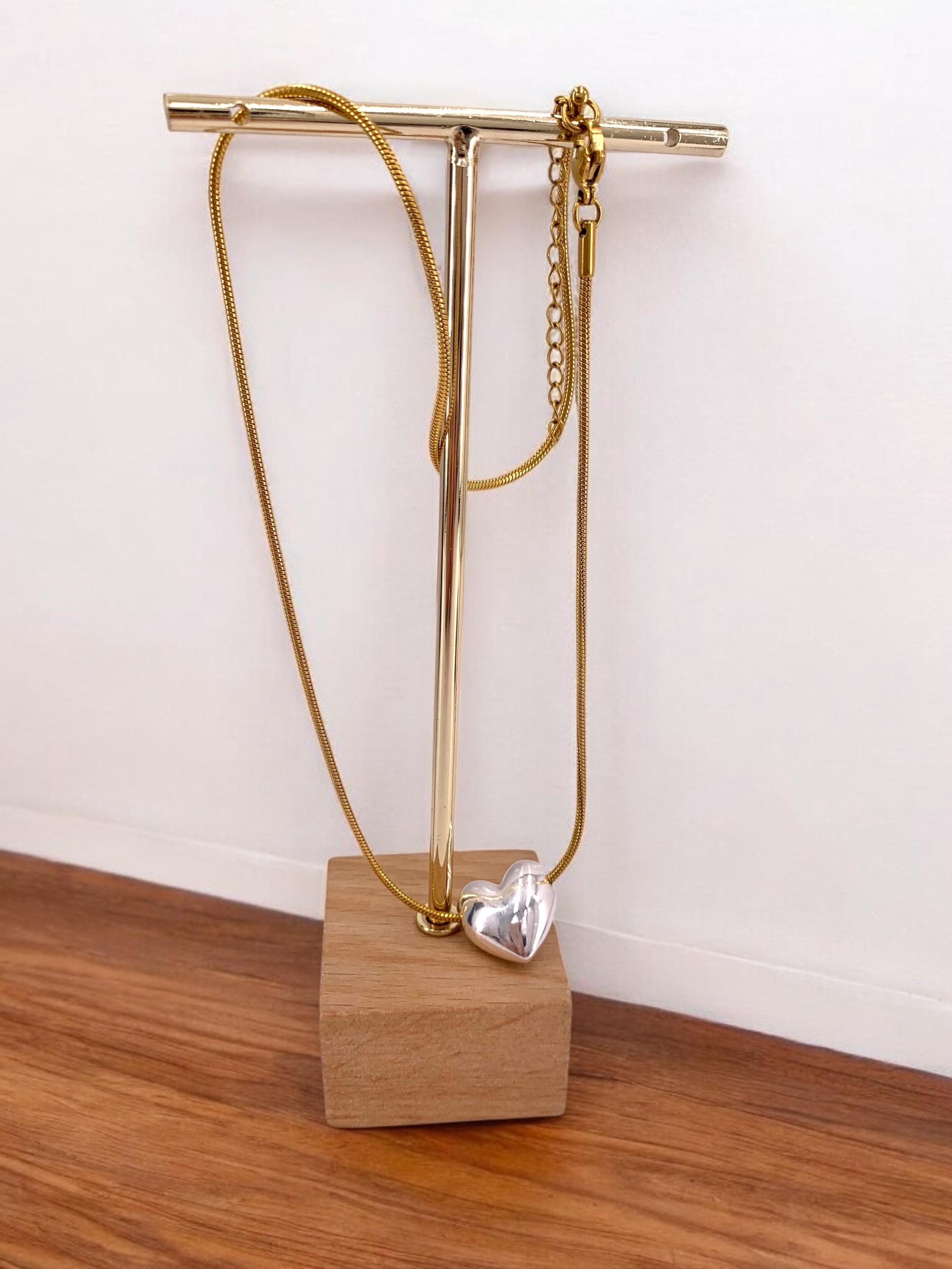 Dainty Gold Snake Chain Necklace with Silver Heart Pendant – Adjustable Handmade Boho Jewelry for Women - heart choker - gift for her