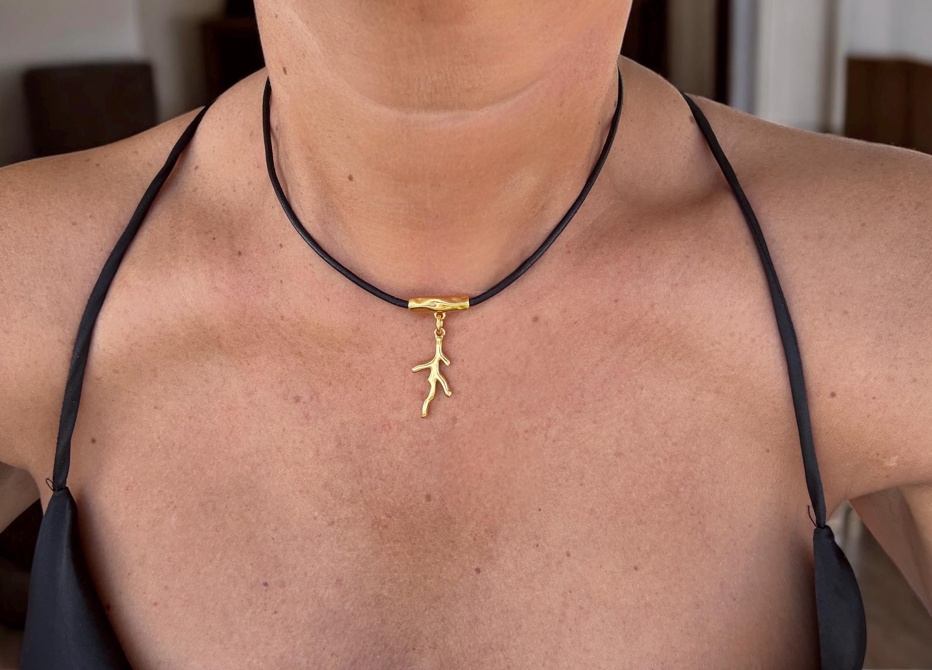 Minimalist Leather Choker: Gold Branch Pendant, Handmade in Spain