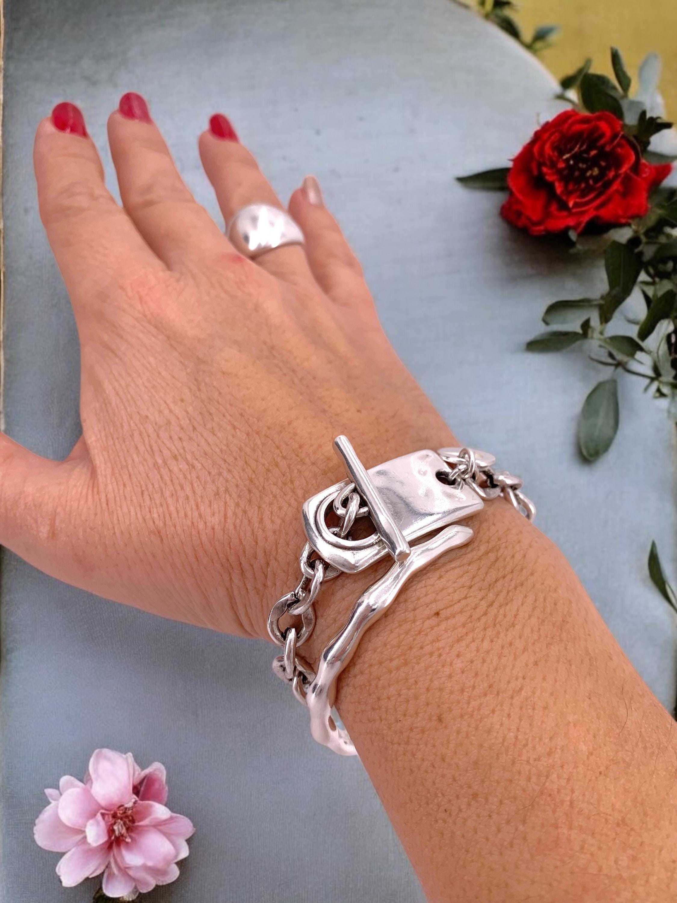 Chunky silver plated Steel Chain Bracelet with Toggle Clasp – Handmade Custom Fit – Kukuri Exclusive - bold edgy jewelry