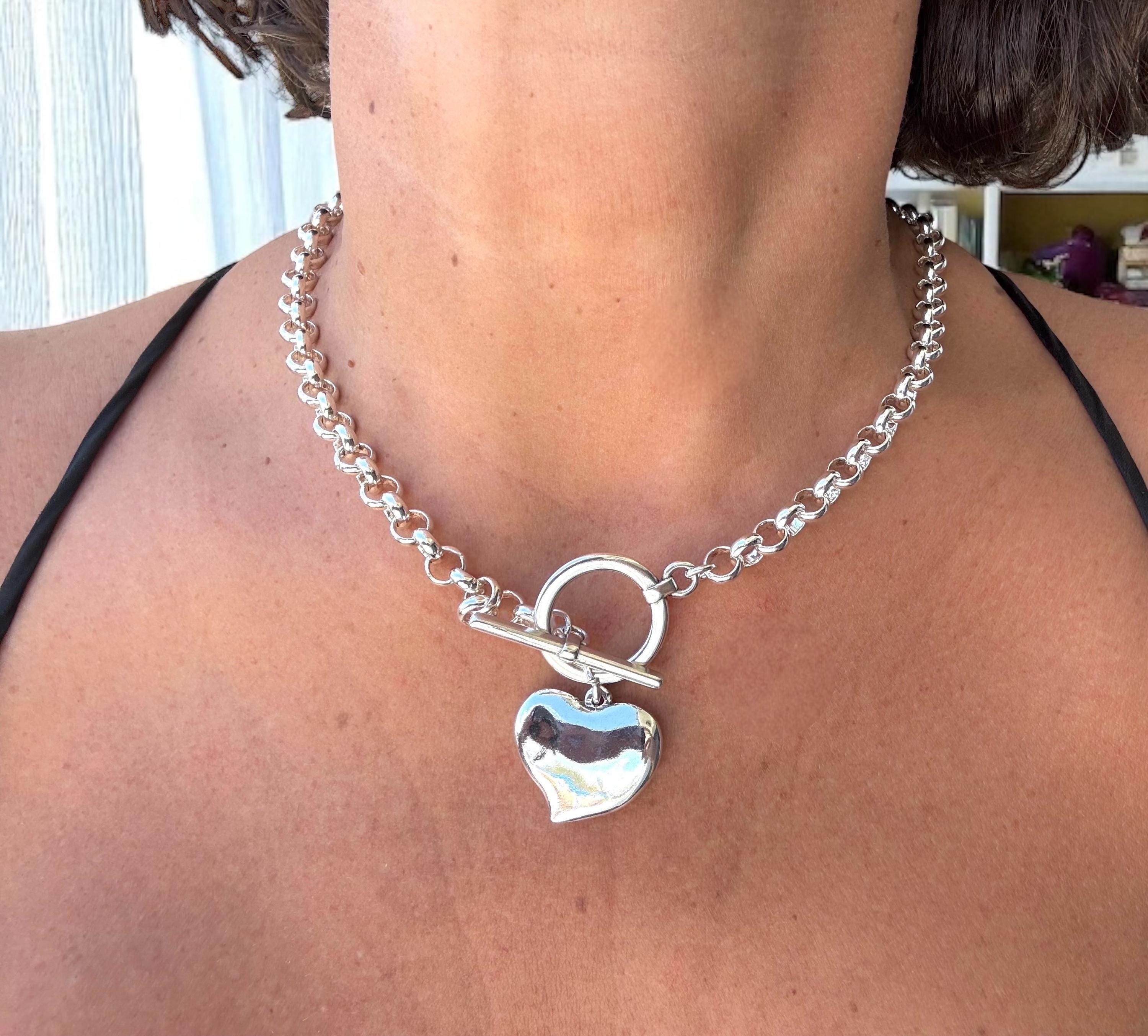chunky silver necklace for women, toggle clasp silver chain necklace, heart choker, rolo chain necklace, T clasp necklace, heart pendant