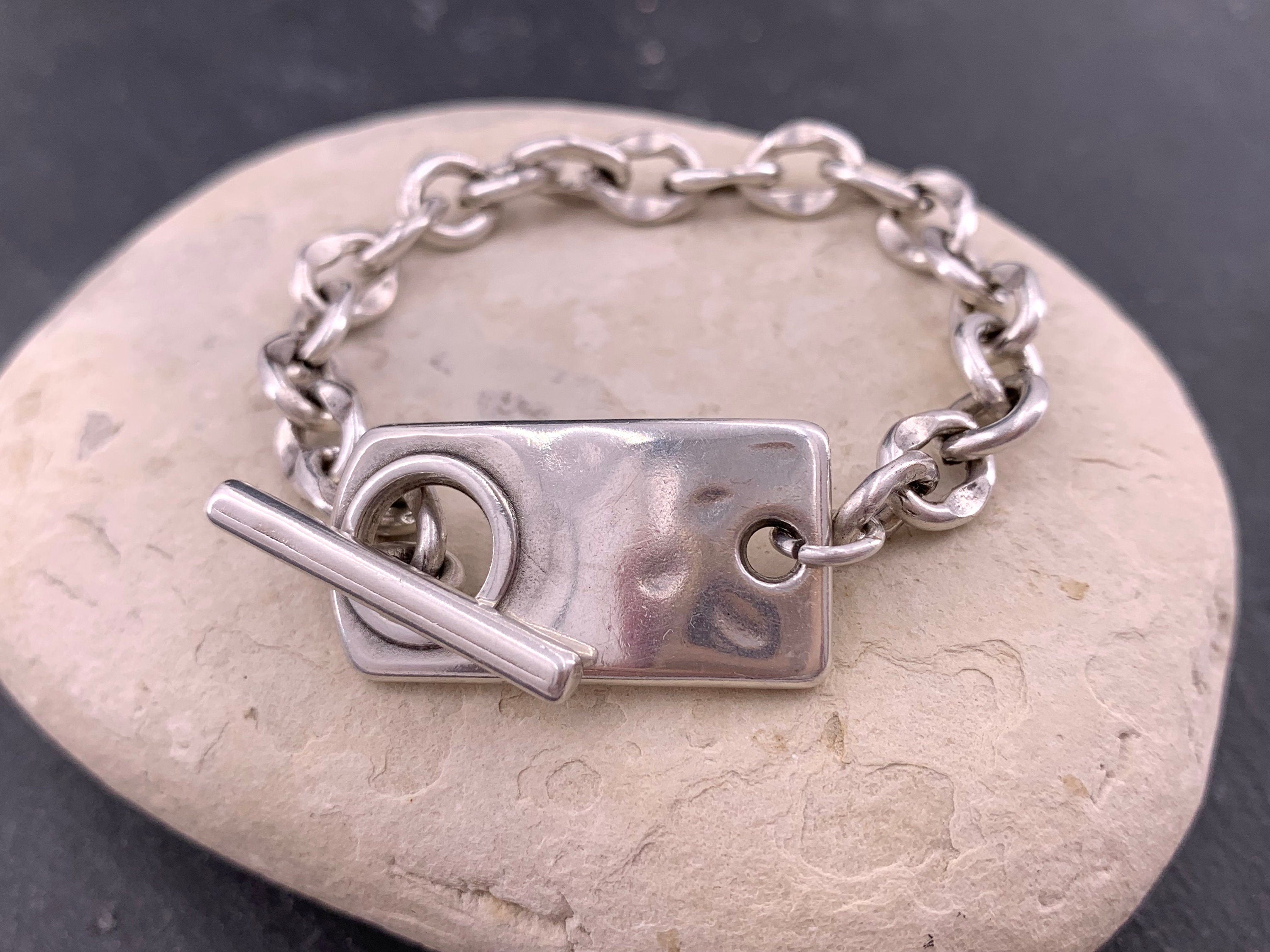 Chunky silver plated Steel Chain Bracelet with Toggle Clasp – Handmade Custom Fit – Kukuri Exclusive - bold edgy jewelry