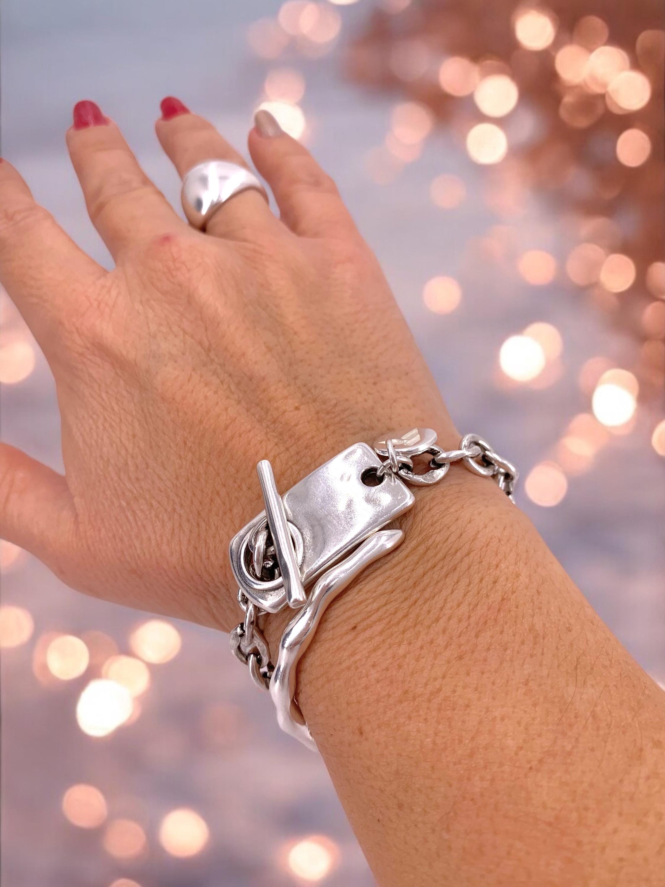 Chunky silver plated Steel Chain Bracelet with Toggle Clasp – Handmade Custom Fit – Kukuri Exclusive - bold edgy jewelry