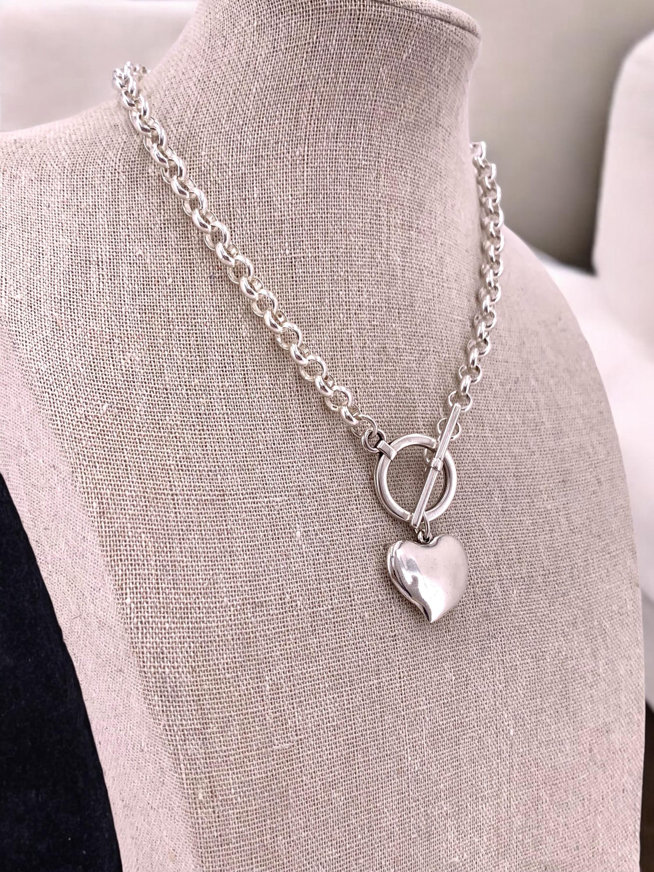 chunky silver necklace for women, toggle clasp silver chain necklace, heart choker, rolo chain necklace, T clasp necklace, heart pendant