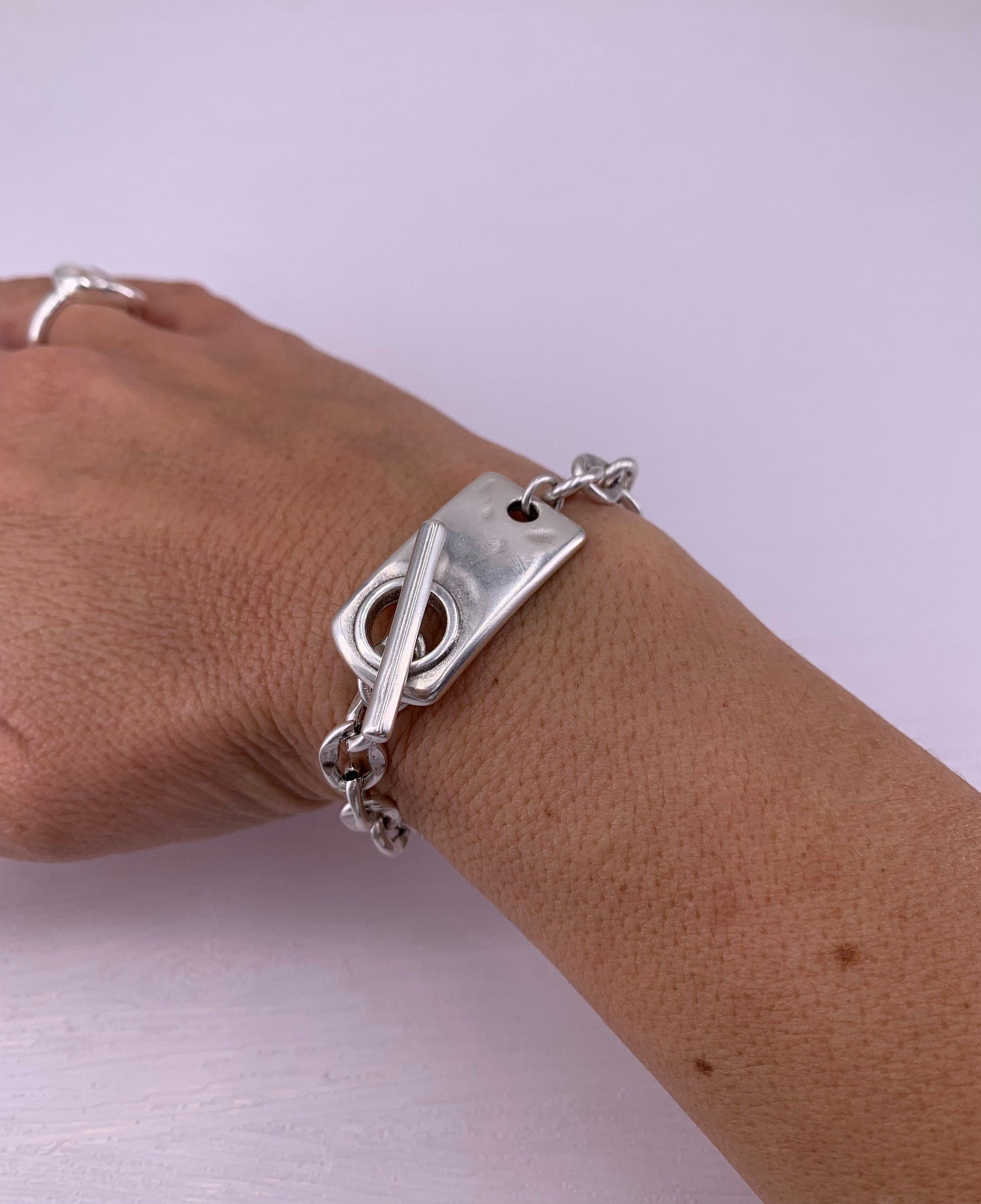 Chunky silver plated Steel Chain Bracelet with Toggle Clasp – Handmade Custom Fit – Kukuri Exclusive - bold edgy jewelry