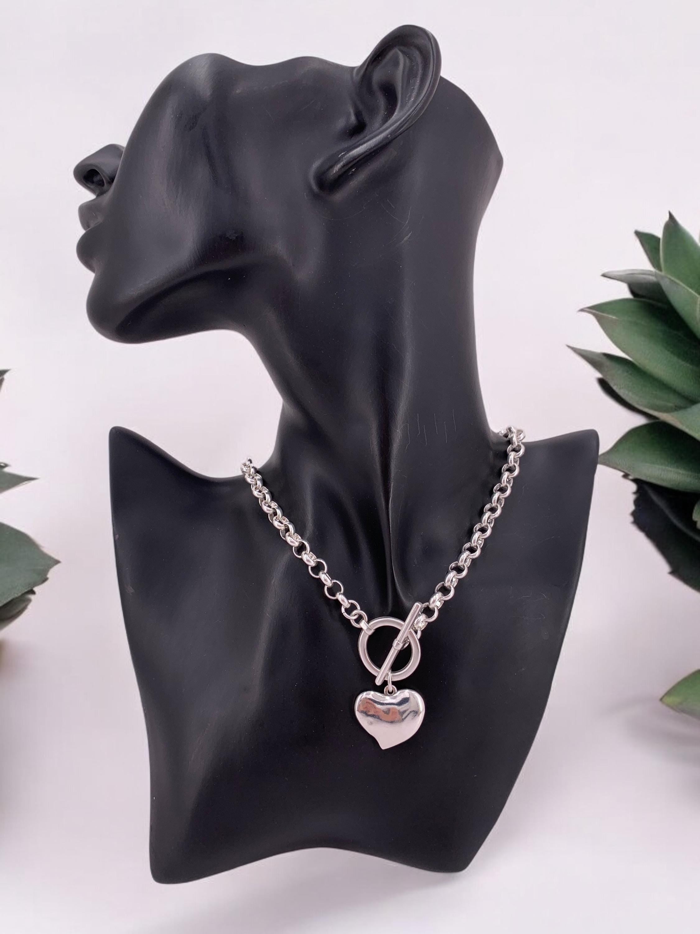 chunky silver necklace for women, toggle clasp silver chain necklace, heart choker, rolo chain necklace, T clasp necklace, heart pendant