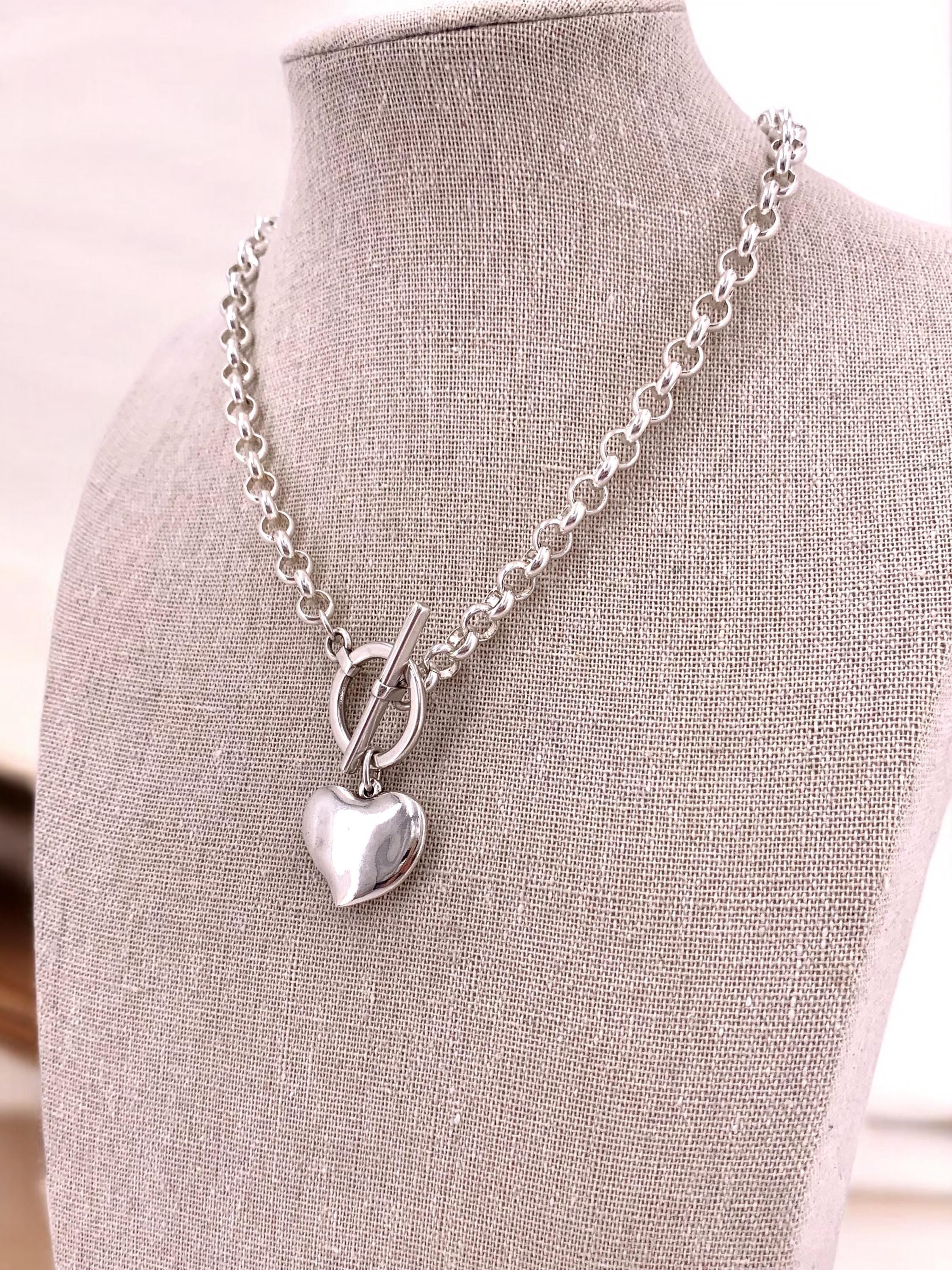 chunky silver necklace for women, toggle clasp silver chain necklace, heart choker, rolo chain necklace, T clasp necklace, heart pendant