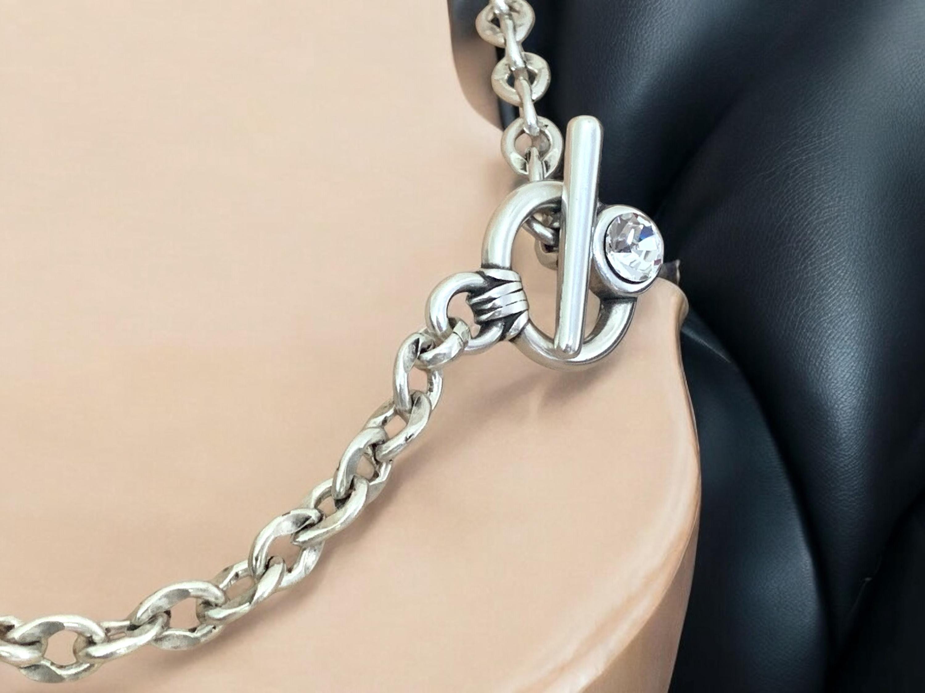 Silver chunky toggle necklace, chain necklace with Swarovski crystal, gift for her, uno de 50 style, bold chain choker