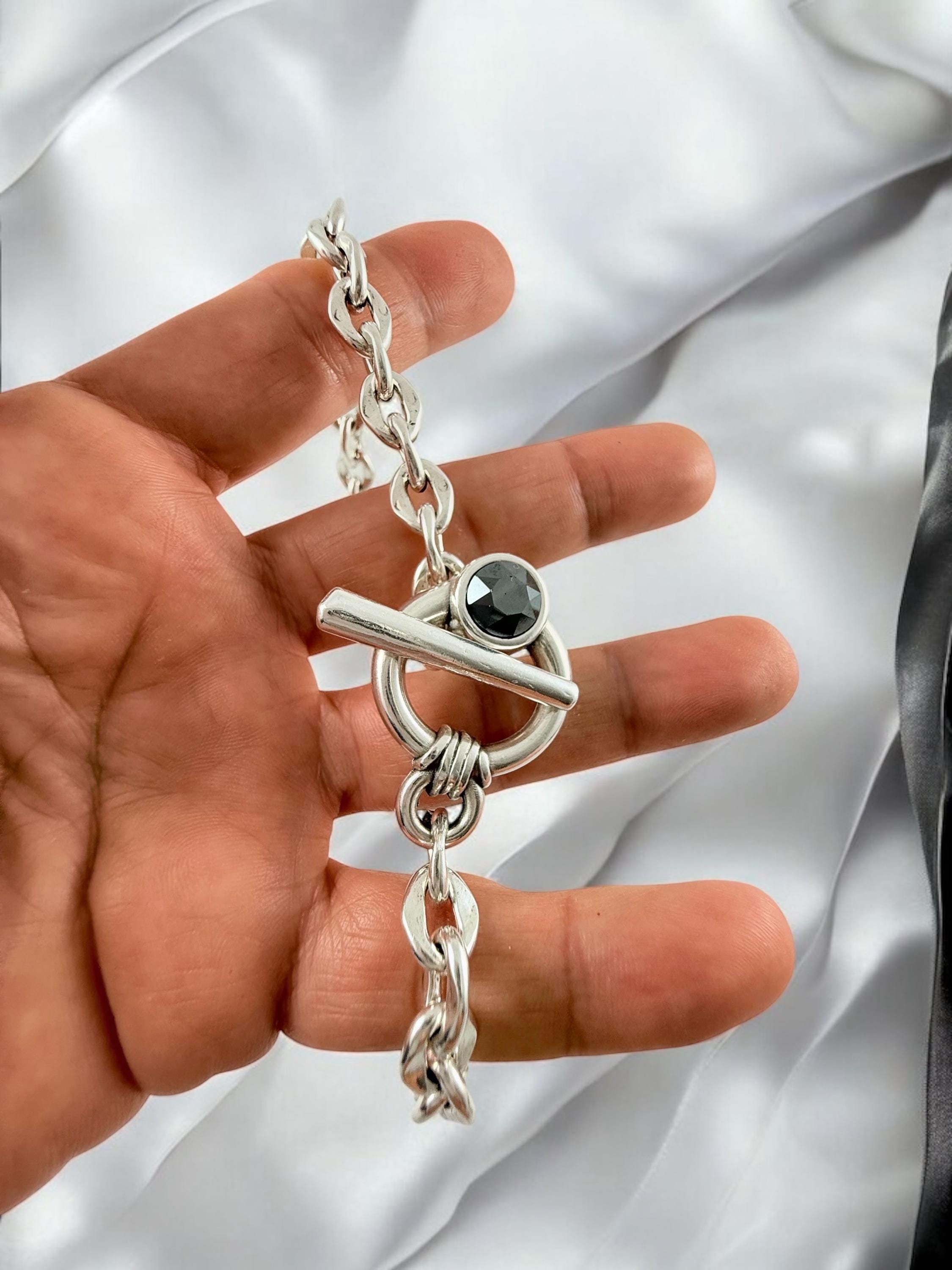 Silver chunky toggle necklace, chain necklace with Swarovski crystal, gift for her, uno de 50 style, bold chain choker