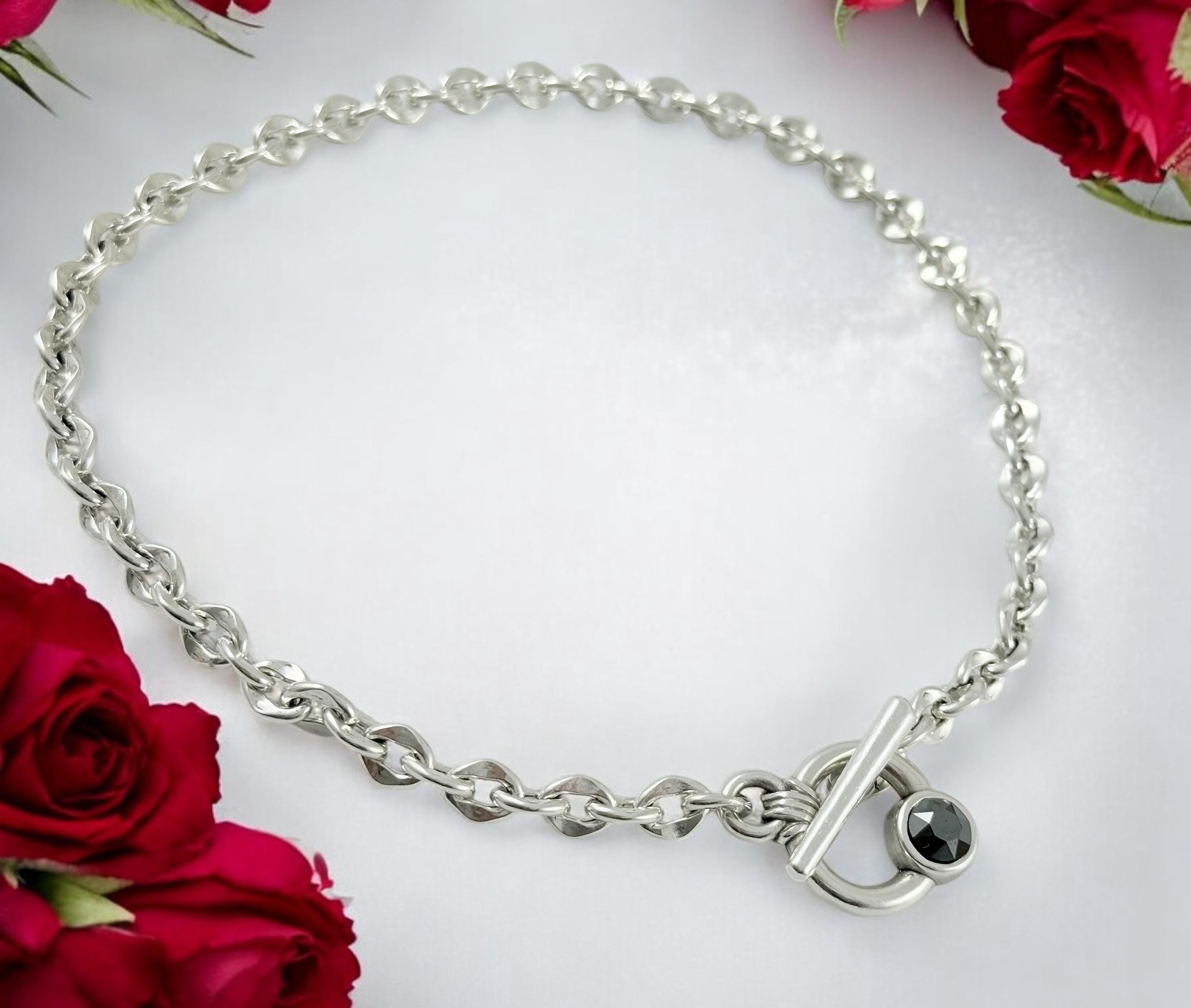 Silver chunky toggle necklace, chain necklace with Swarovski crystal, gift for her, uno de 50 style, bold chain choker