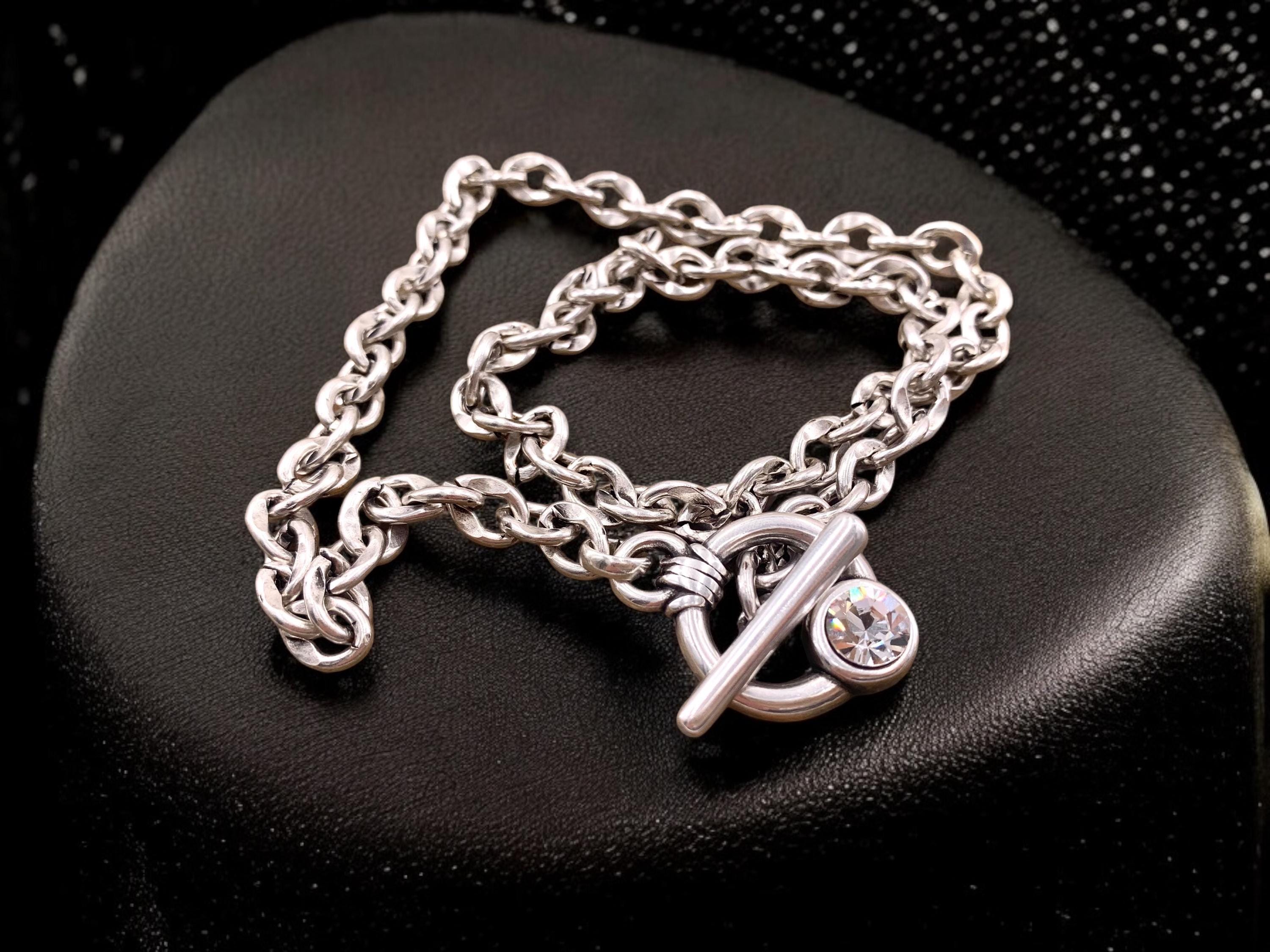Silver chunky toggle necklace, chain necklace with Swarovski crystal, gift for her, uno de 50 style, bold chain choker