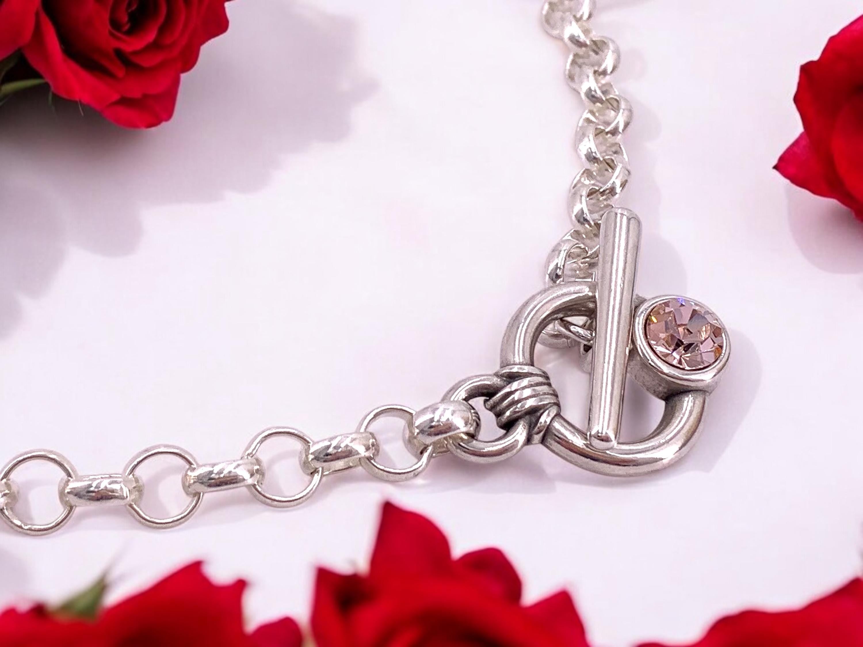 Handmade Silver Toggle Necklace: Chunky Rolo Chain with Swarovski Crystal