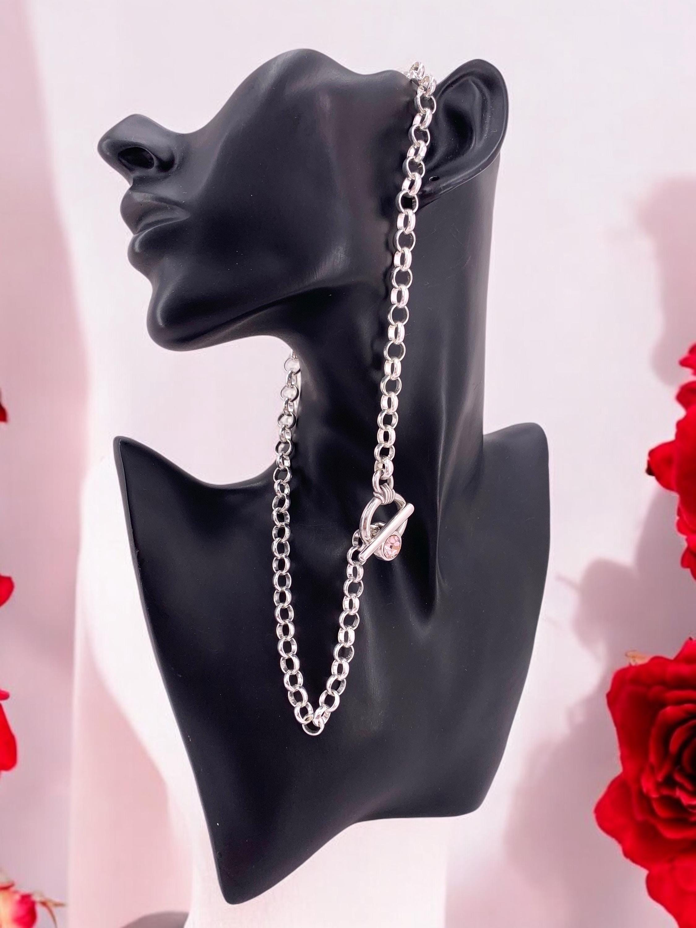 Handmade Silver Toggle Necklace: Chunky Rolo Chain with Swarovski Crystal
