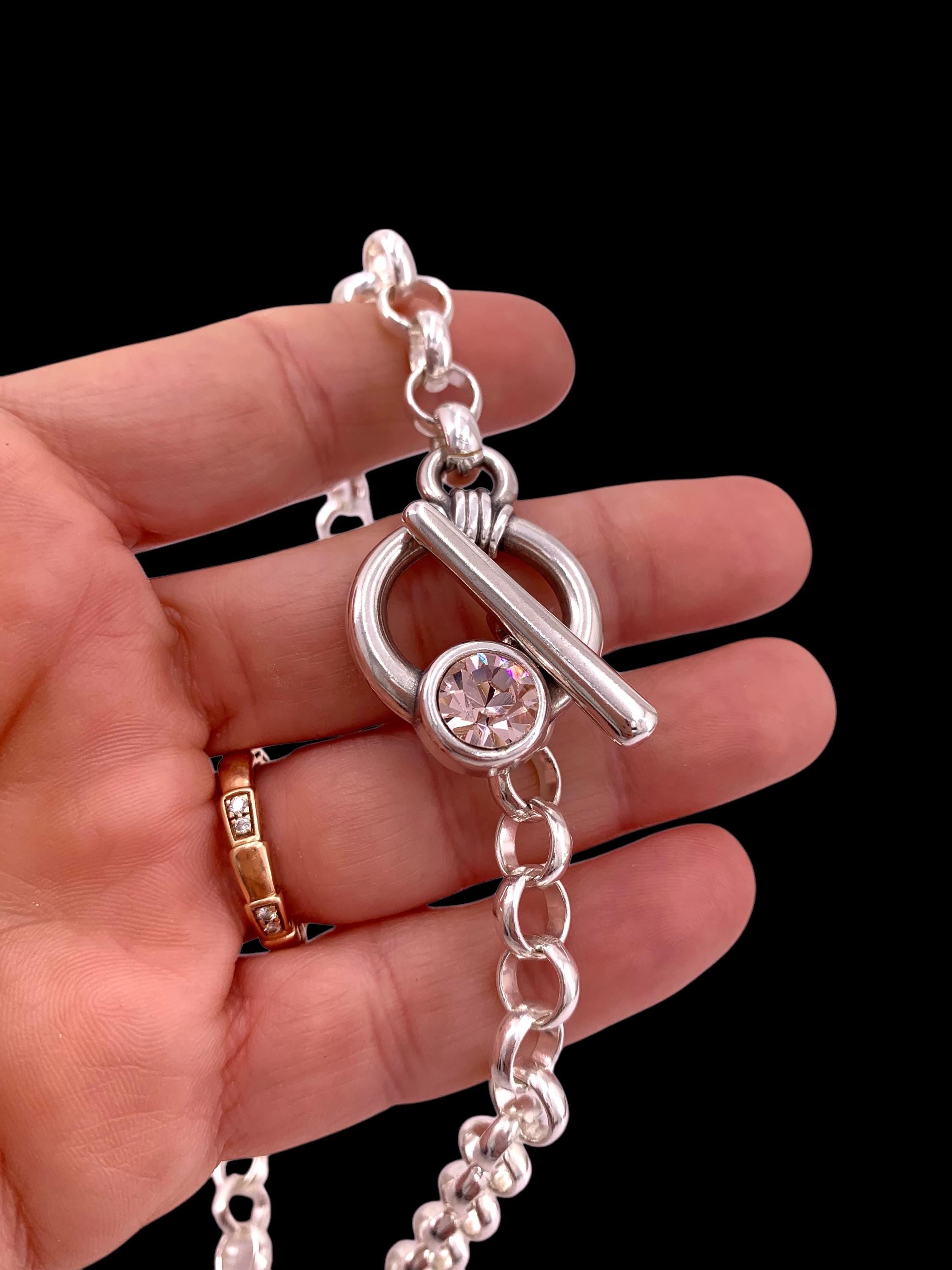 Handmade Silver Toggle Necklace: Chunky Rolo Chain with Swarovski Crystal