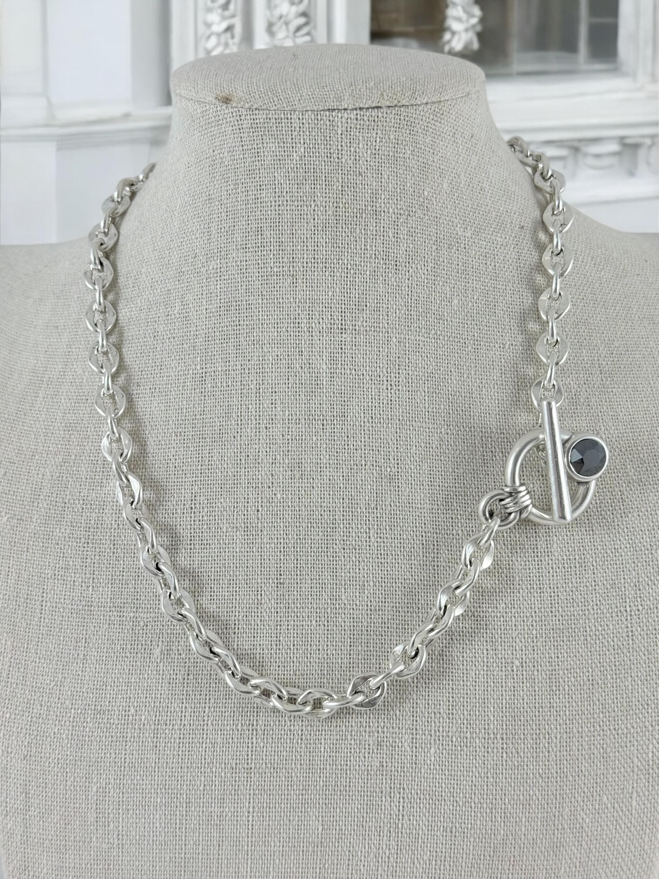 Silver chunky toggle necklace, chain necklace with Swarovski crystal, gift for her, uno de 50 style, bold chain choker