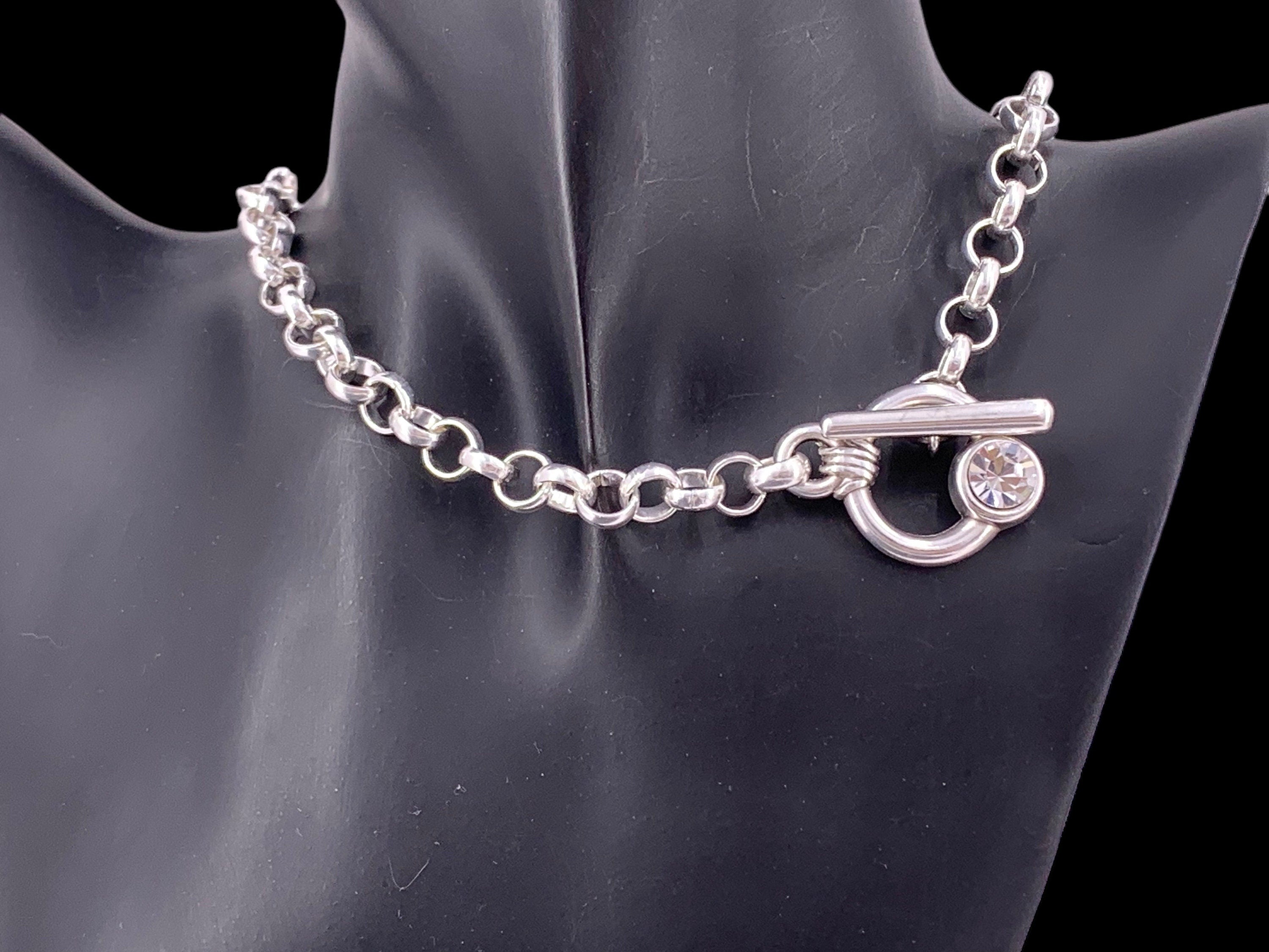 Handmade Silver Toggle Necklace: Chunky Rolo Chain with Swarovski Crystal