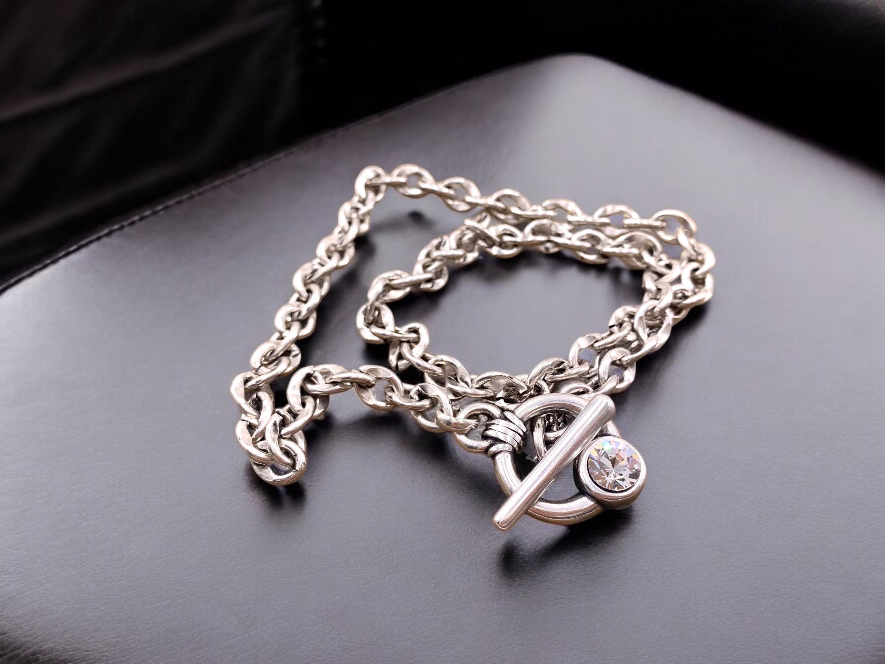 Silver chunky toggle necklace, chain necklace with Swarovski crystal, gift for her, uno de 50 style, bold chain choker
