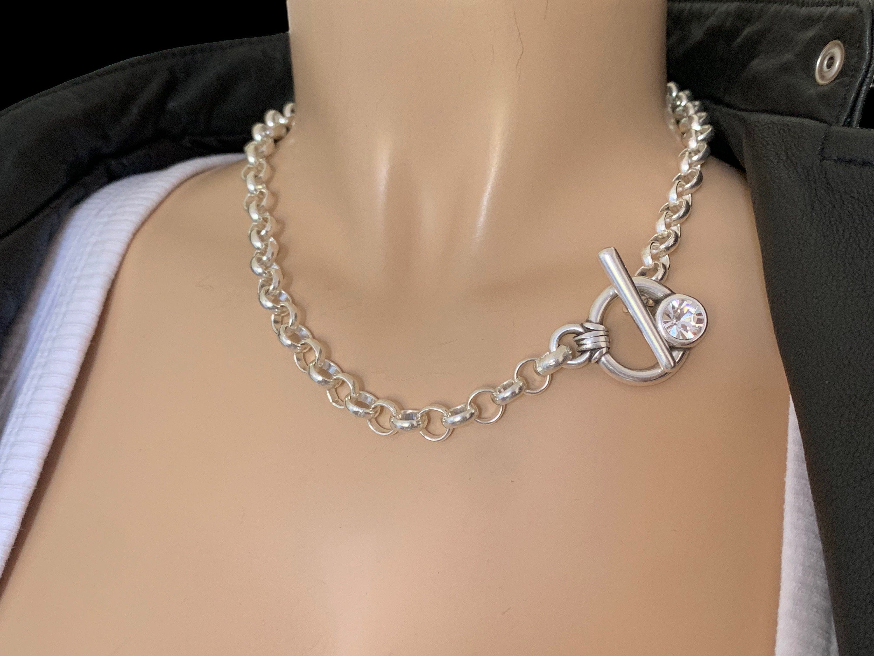 Handmade Silver Toggle Necklace: Chunky Rolo Chain with Swarovski Crystal