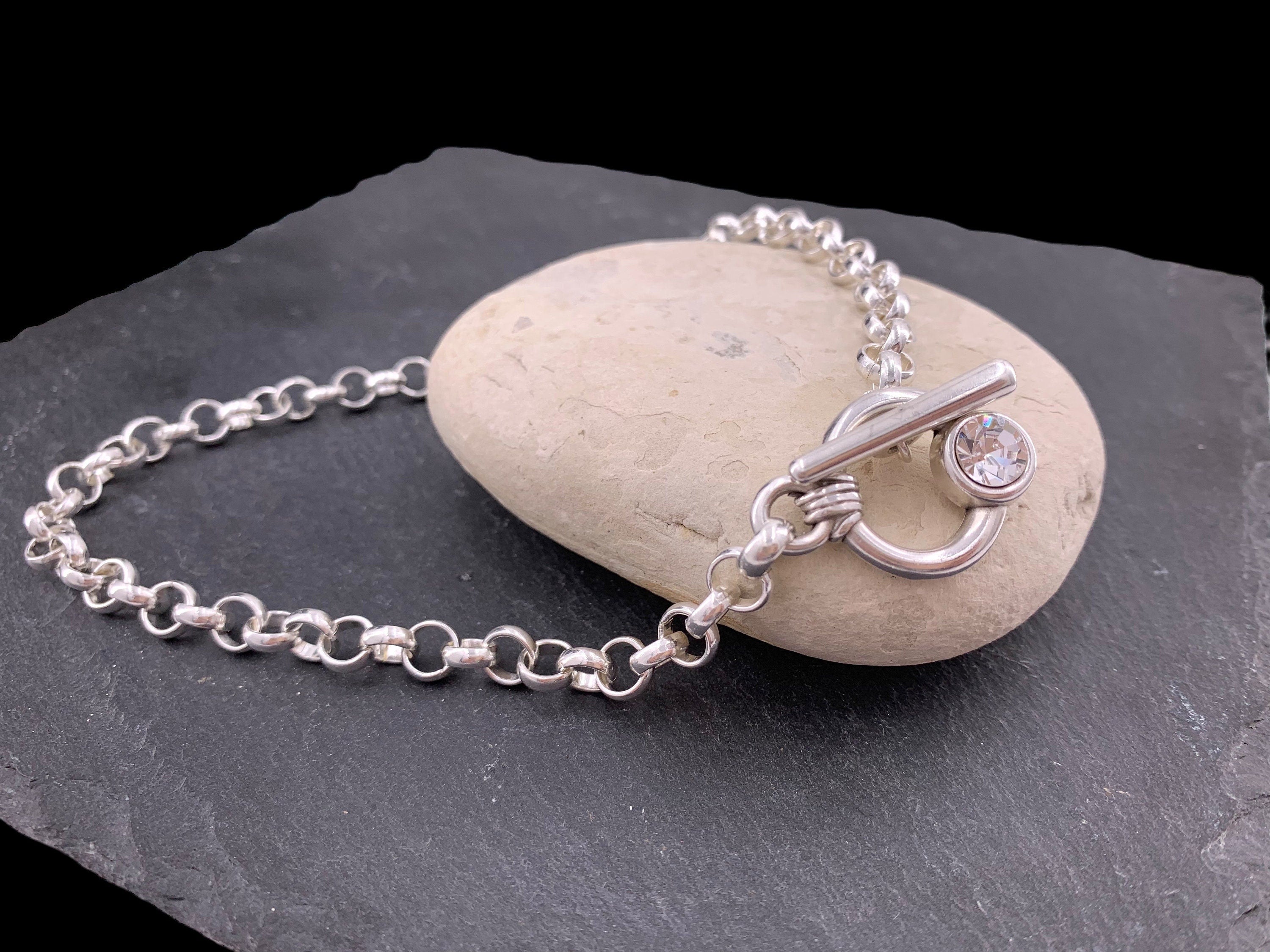 Handmade Silver Toggle Necklace: Chunky Rolo Chain with Swarovski Crystal