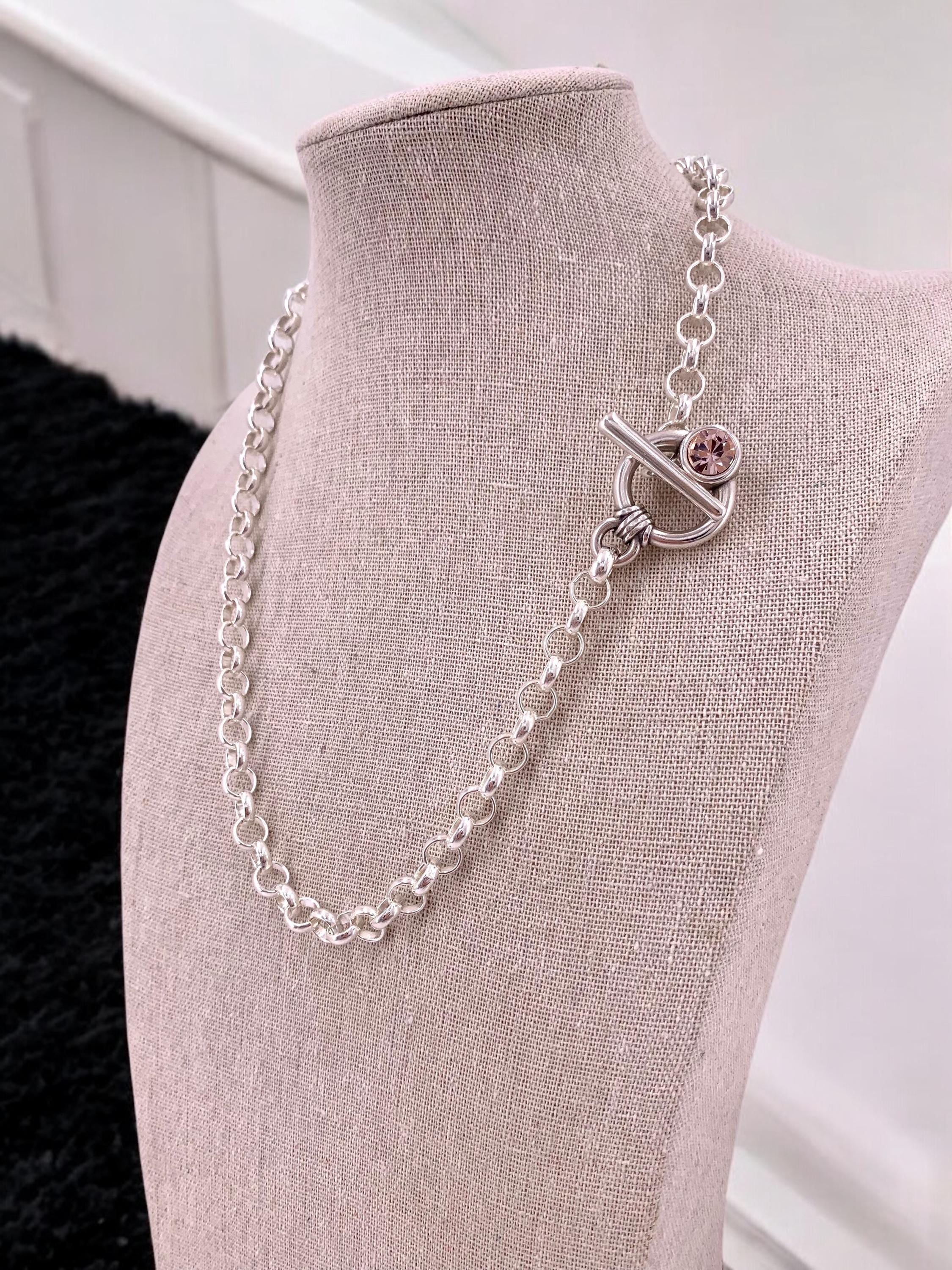 Handmade Silver Toggle Necklace: Chunky Rolo Chain with Swarovski Crystal