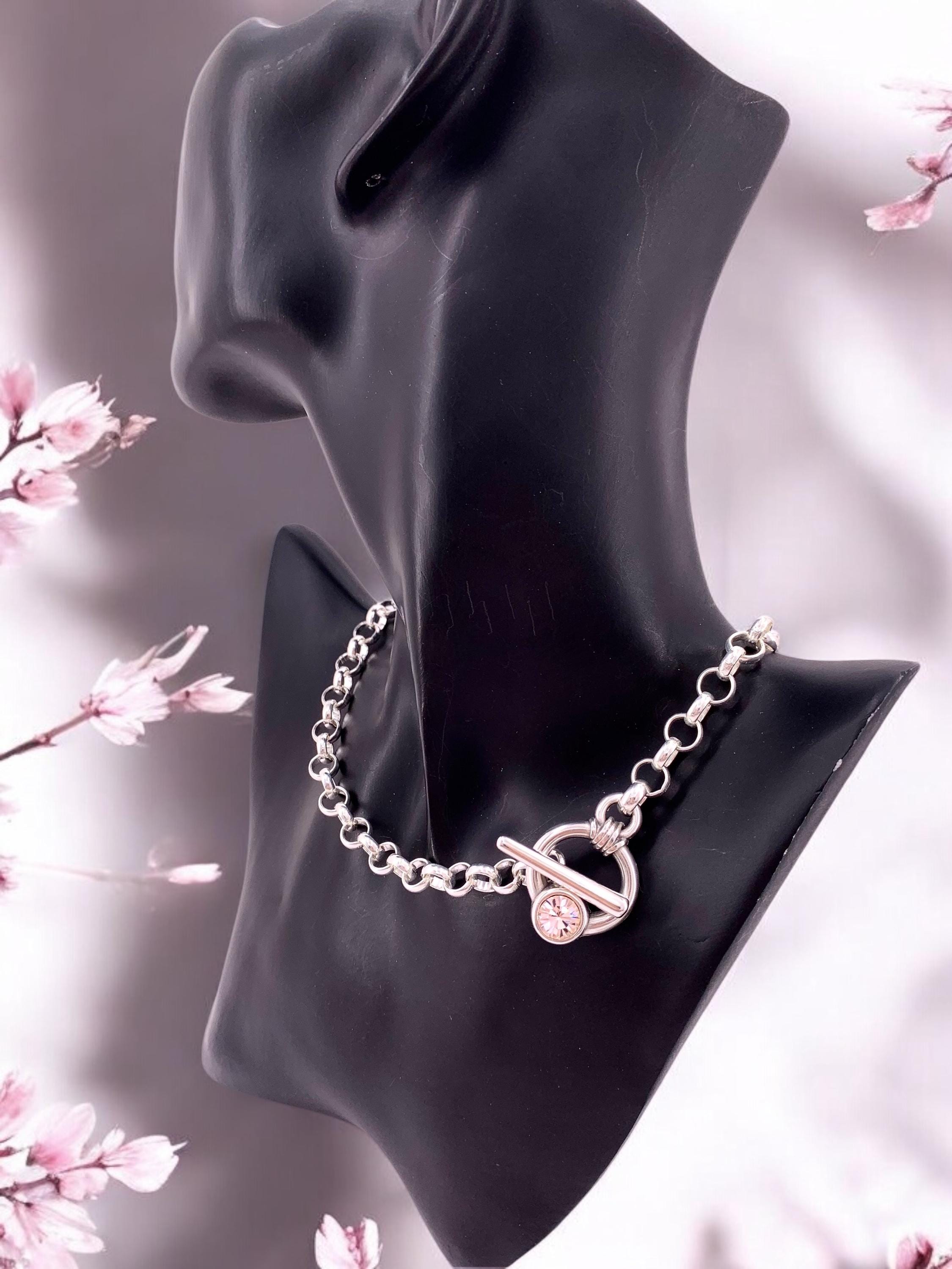 Handmade Silver Toggle Necklace: Chunky Rolo Chain with Swarovski Crystal