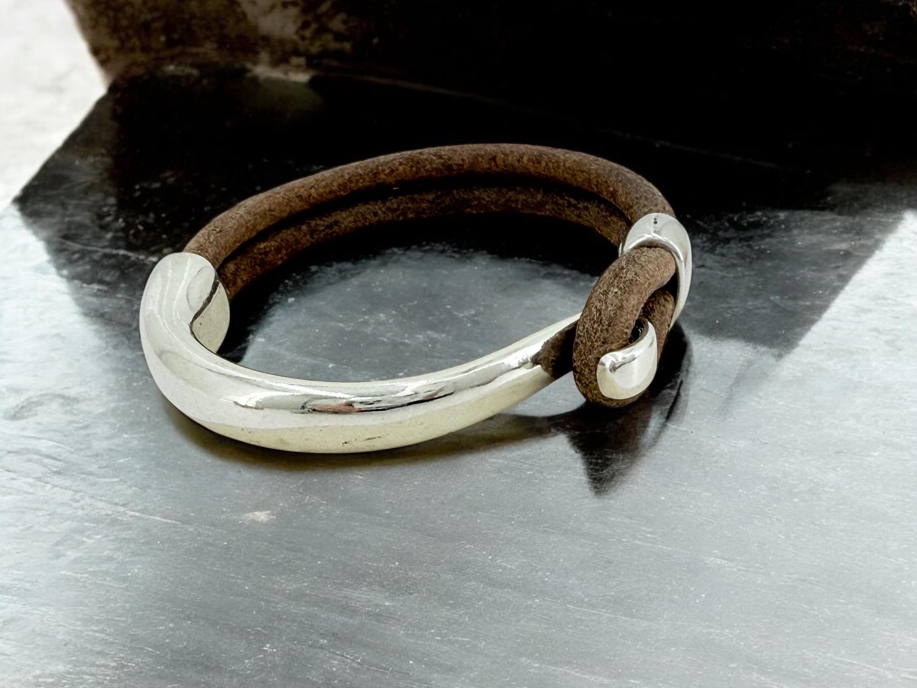 Masculine silver and leather half cuff bracelet, leather men bracelet, rock style men bracelet, leather bracelet for him, men gift, manly