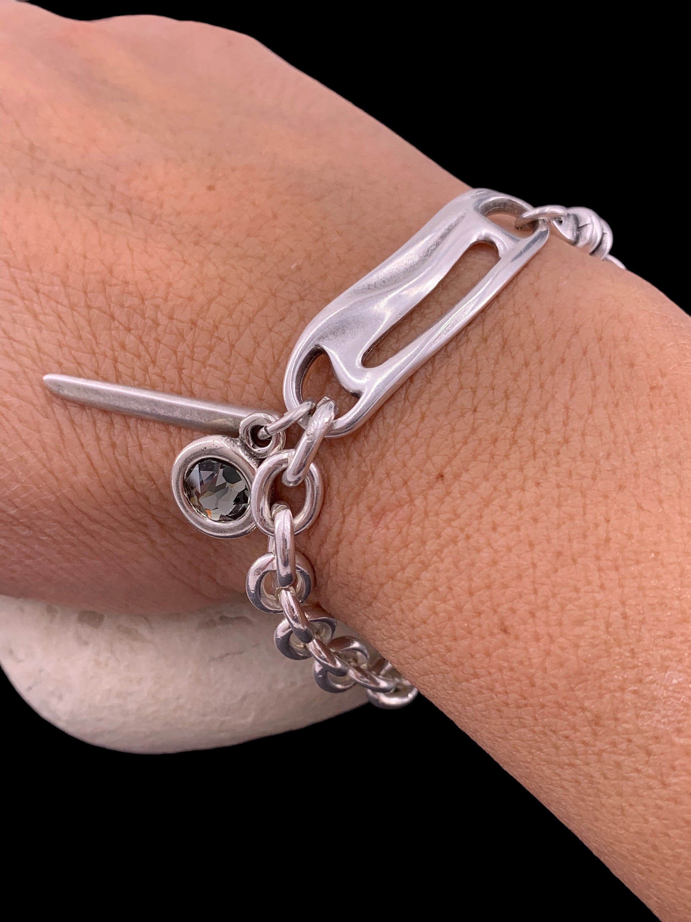 Chunky silver plated bracelet with Swarovski crystal charm, bold jewelry