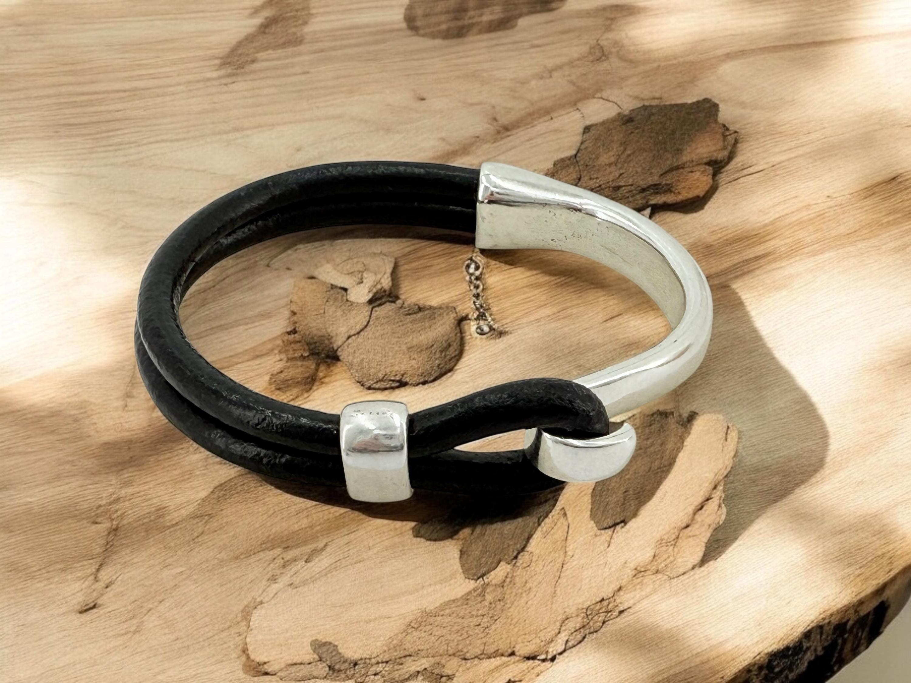 Masculine silver and leather half cuff bracelet, leather men bracelet, rock style men bracelet, leather bracelet for him, men gift, manly