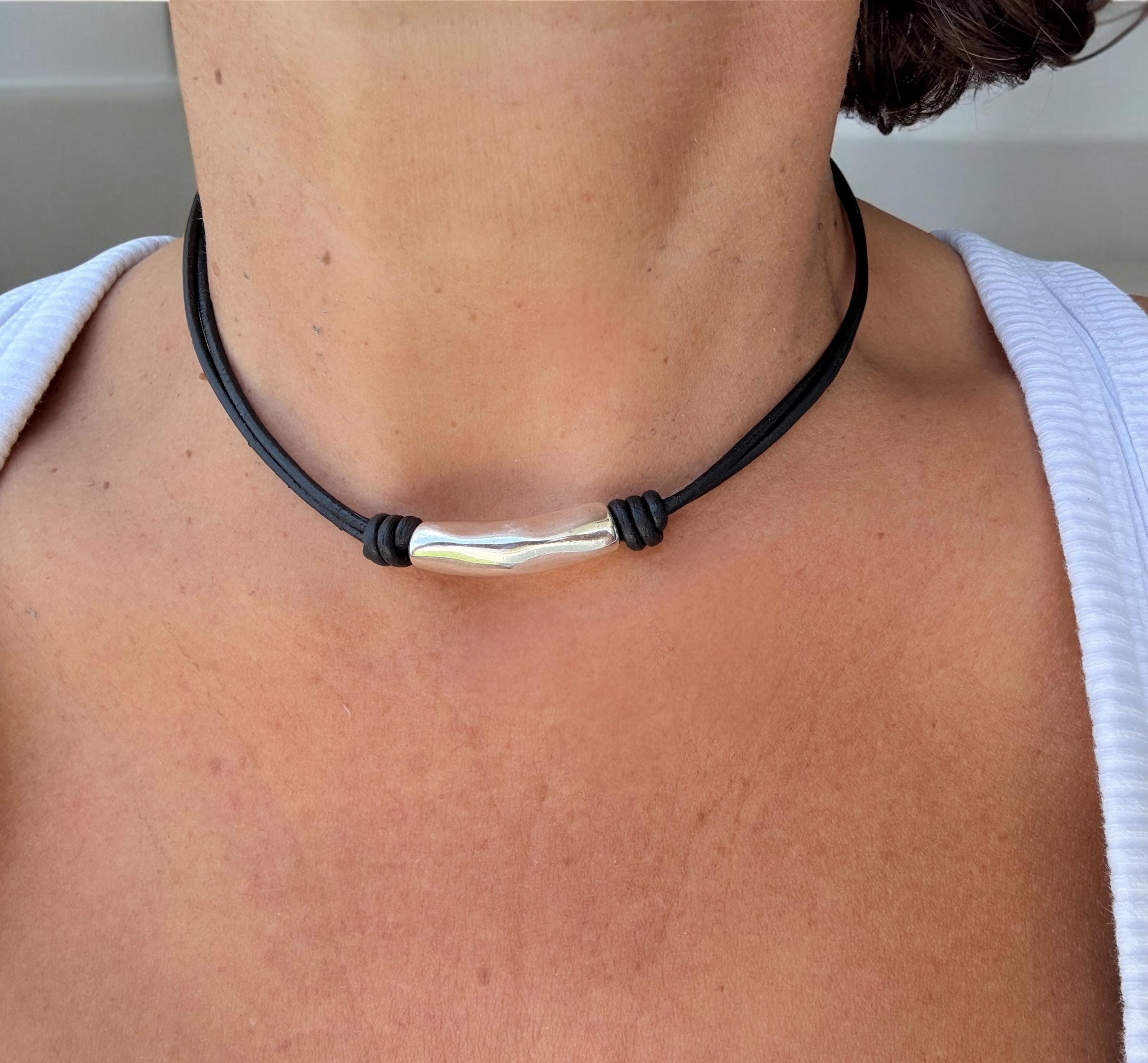 Minimalist Tribal Leather Choker – Unisex Summer Necklace with Silver-Plated Tube Accent – Boho hippie Style - coastal surfer jewelry-