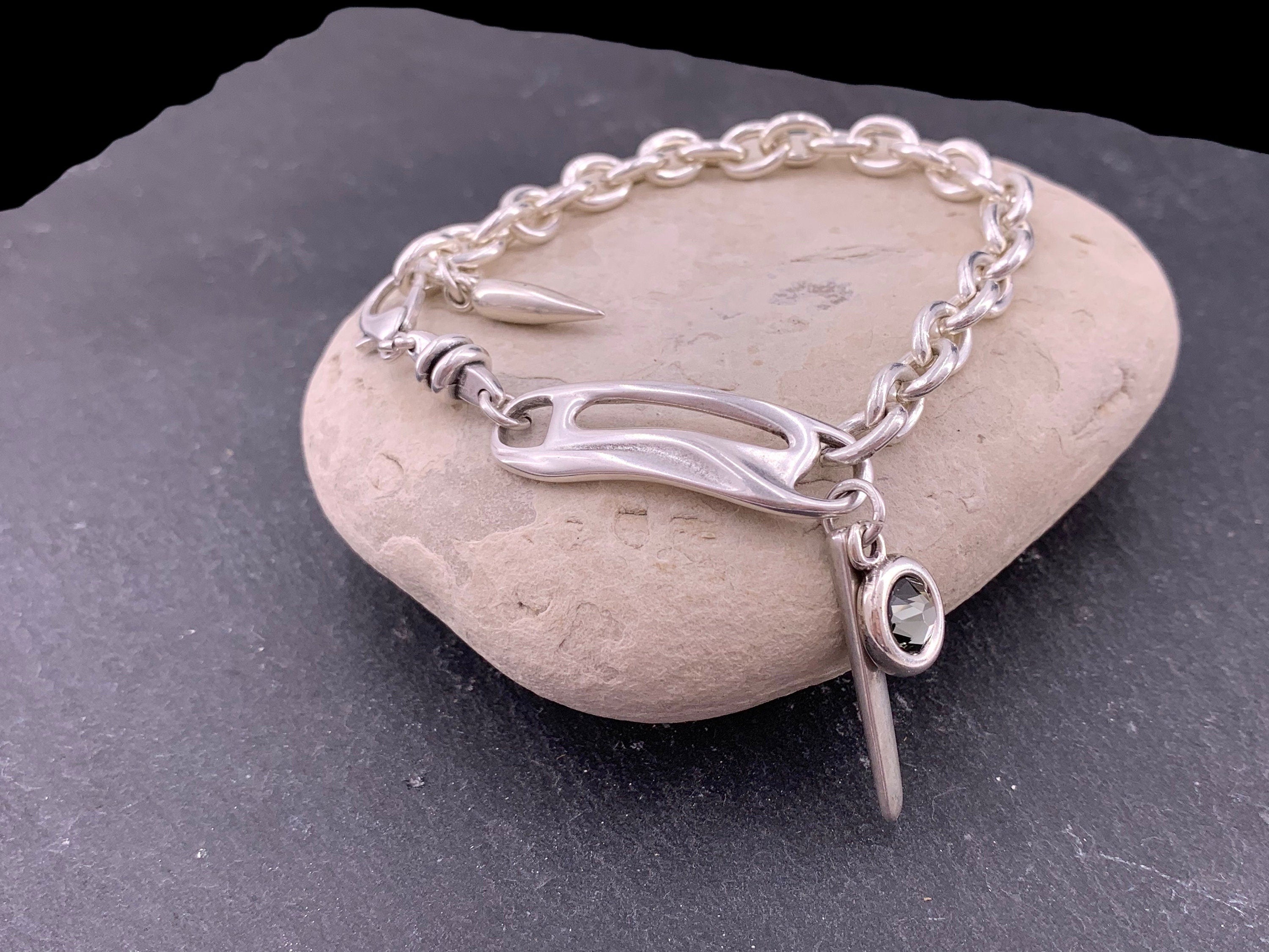Chunky silver plated bracelet with Swarovski crystal charm, bold jewelry
