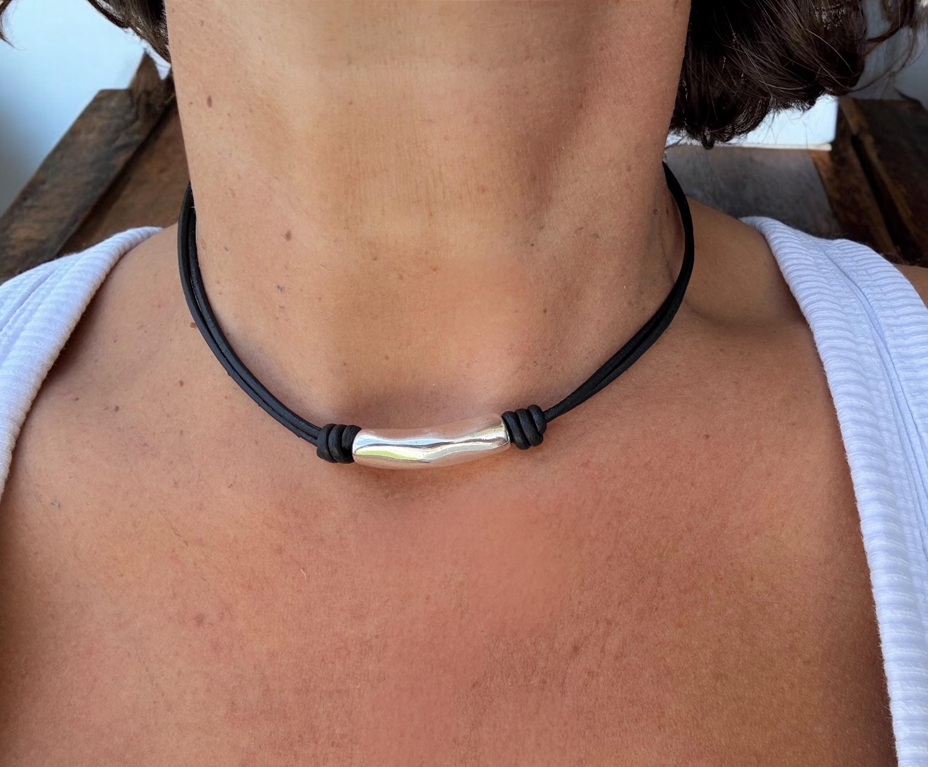 Minimalist Tribal Leather Choker – Unisex Summer Necklace with Silver-Plated Tube Accent – Boho hippie Style - coastal surfer jewelry-