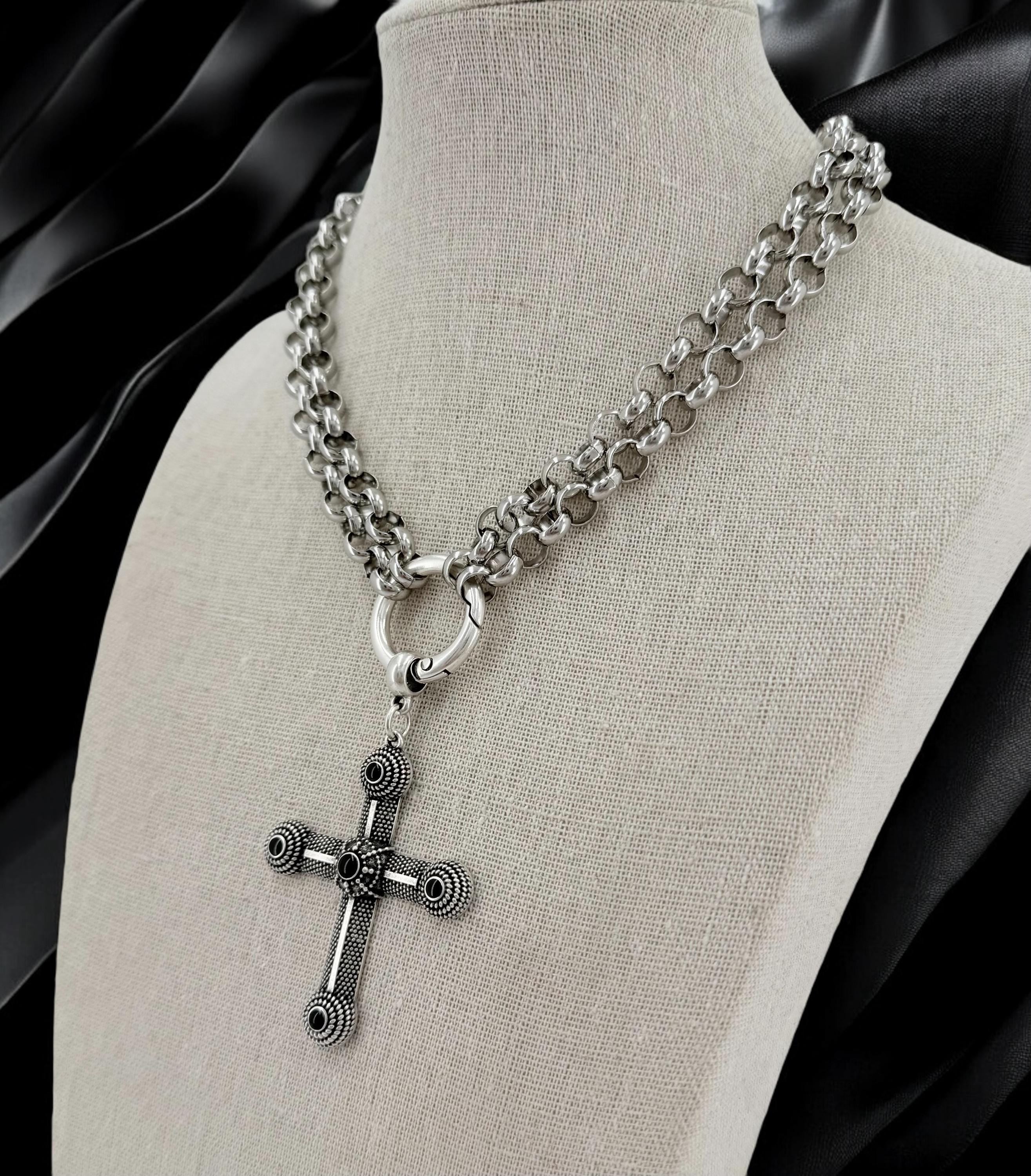 Double Strand Rock Choker with Cross Pendant – Black Enamel Details – Antique Silver Unisex Necklace – Bold Stainless Steel Chain – Handmade