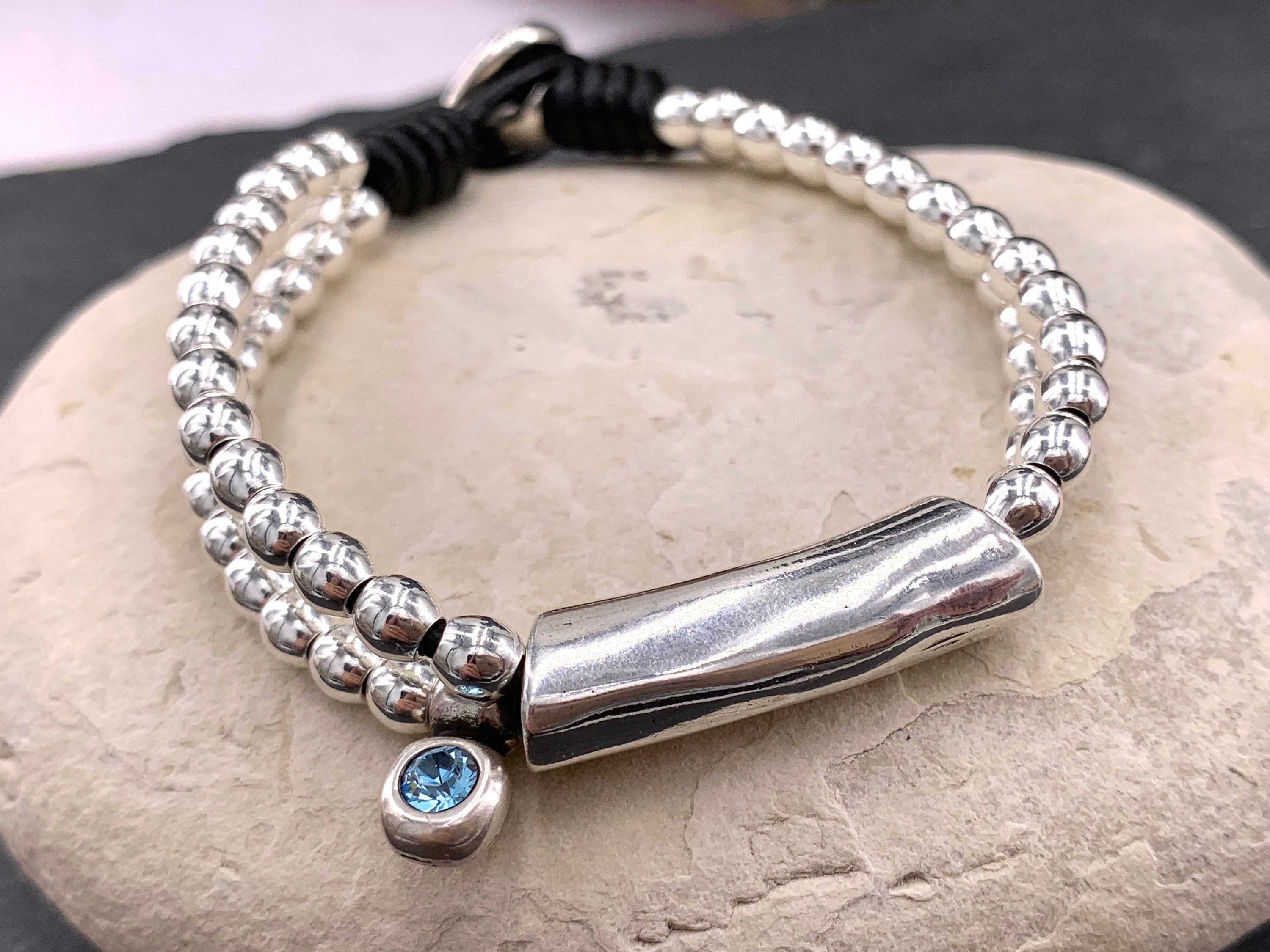 Woman boho leather beaded Bracelet, women leather bracelet, boho beaded , silver beads bracelet, leather bracelet,