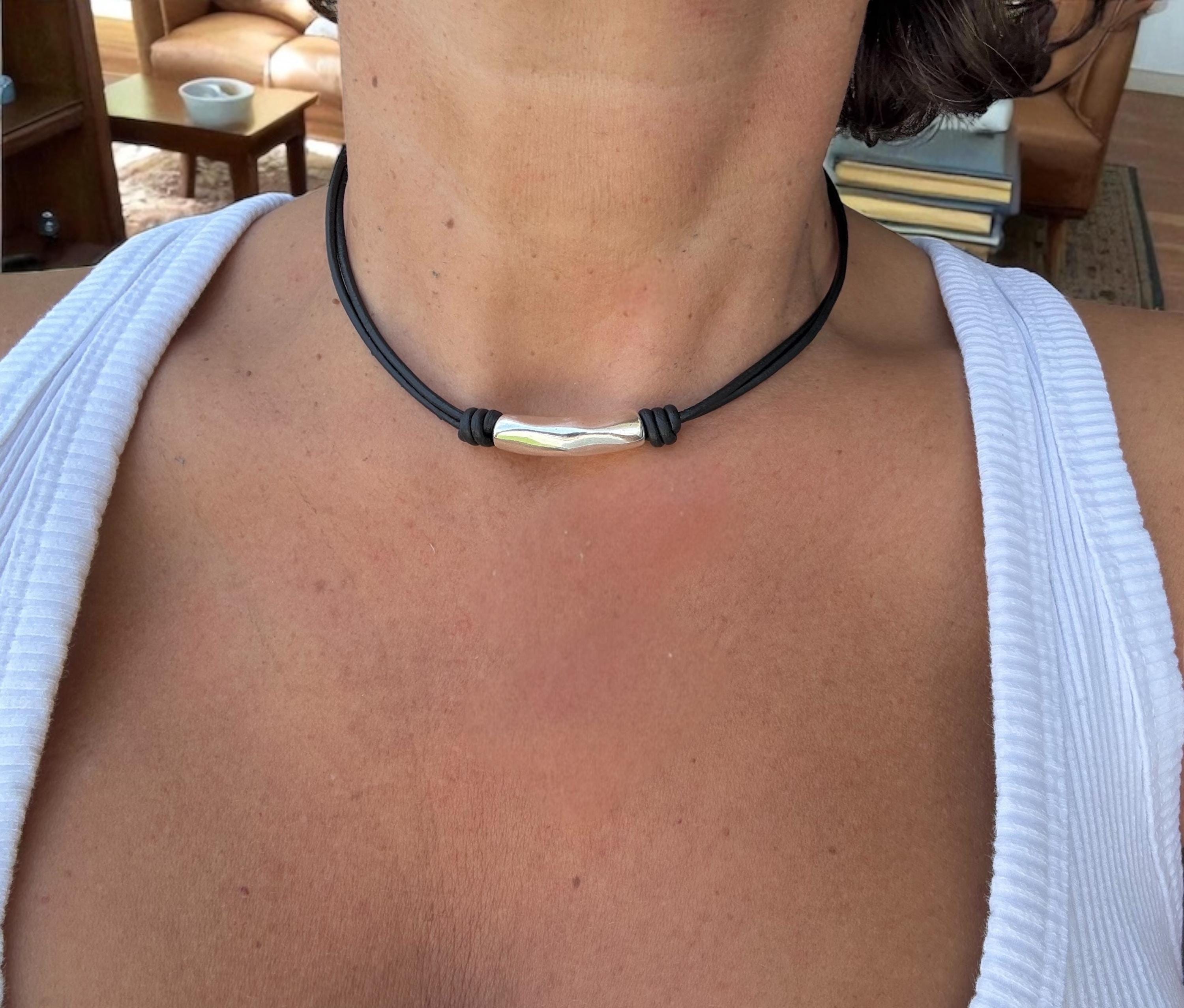 Minimalist Tribal Leather Choker – Unisex Summer Necklace with Silver-Plated Tube Accent – Boho hippie Style - coastal surfer jewelry-