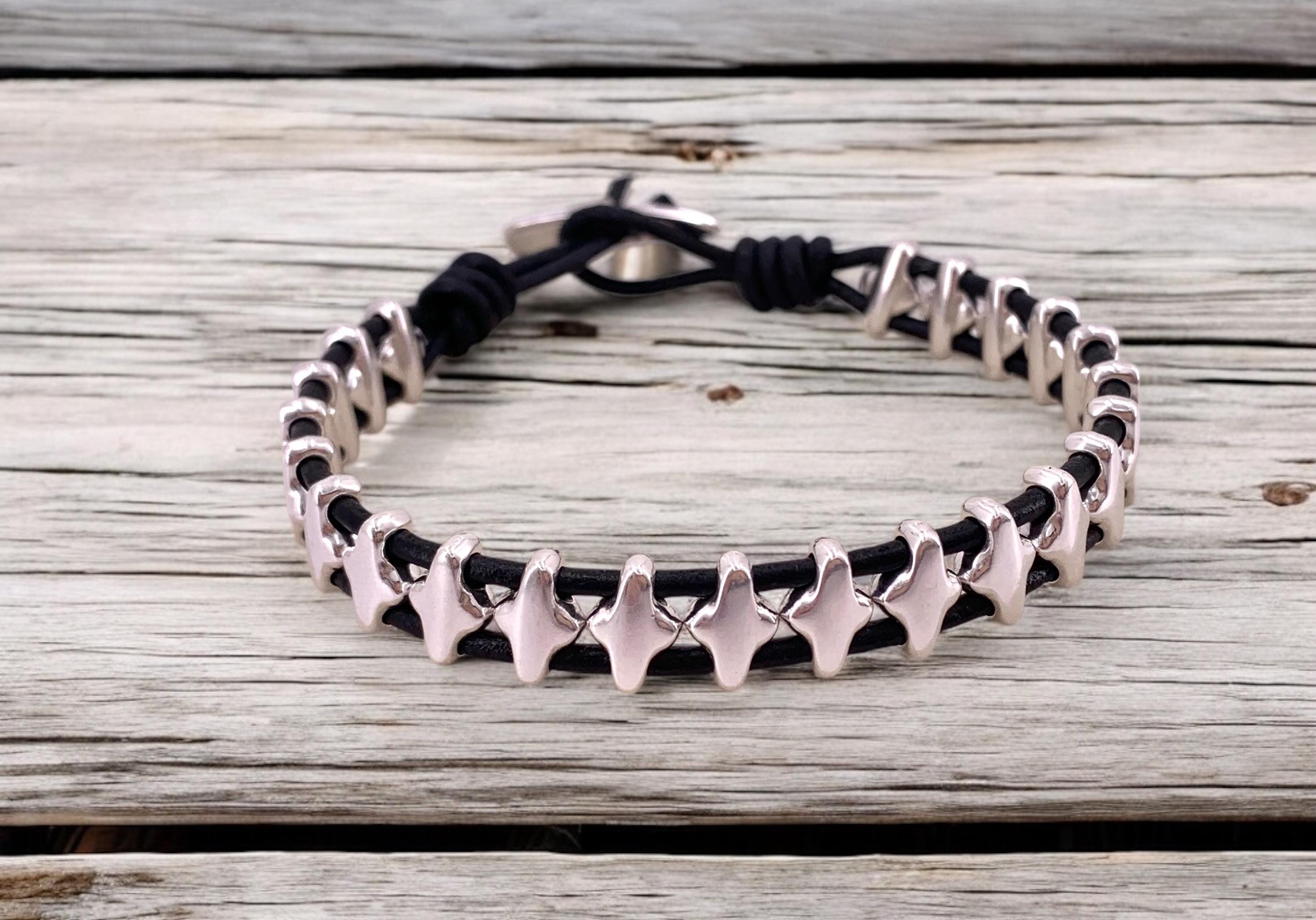 leather bracelet for men, silver beaded leather bracelet, silver beads bracelet, surf bracelet, bohemian men bracelet, gift for men, men’s