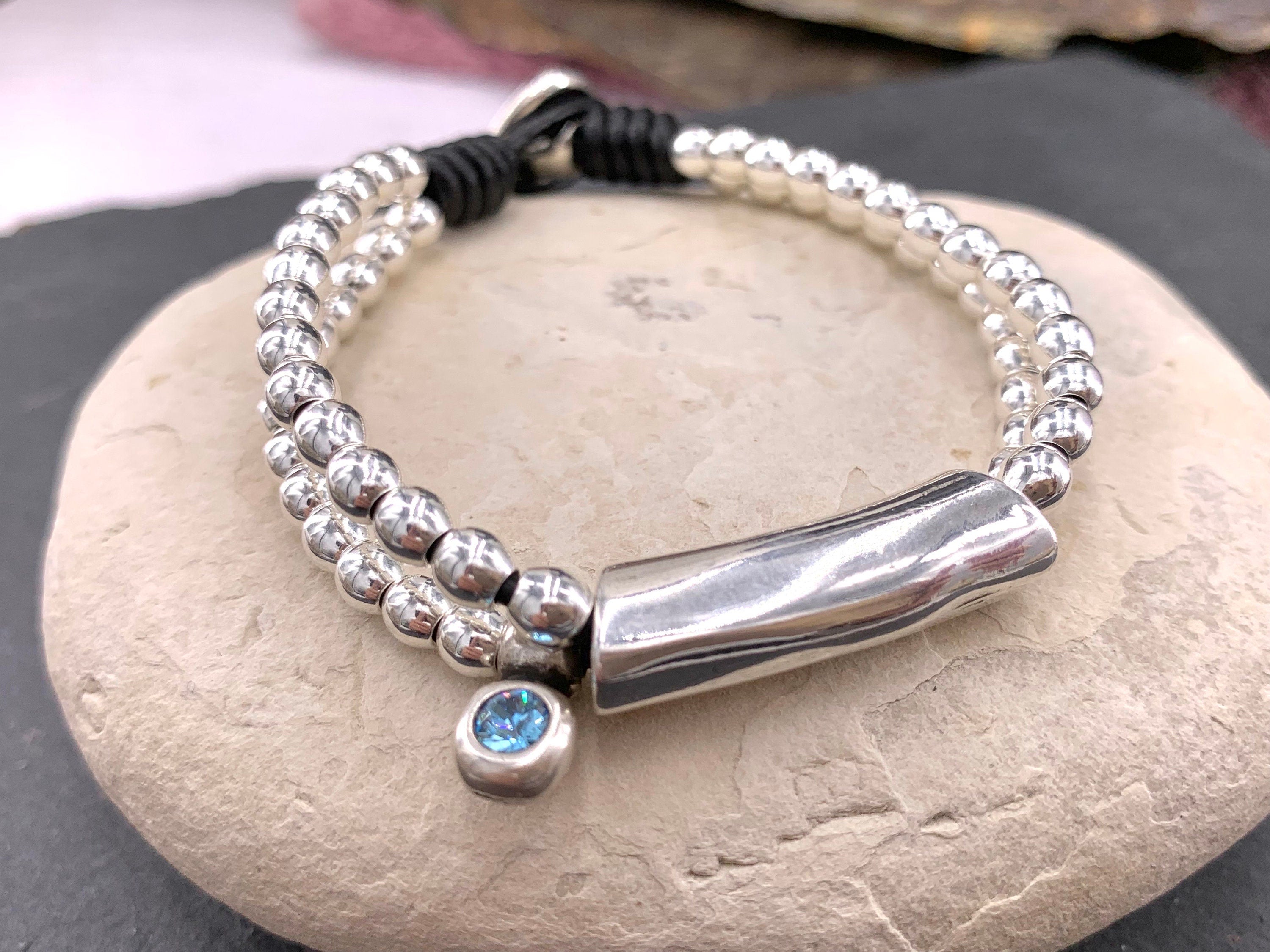 Woman boho leather beaded Bracelet, women leather bracelet, boho beaded , silver beads bracelet, leather bracelet,