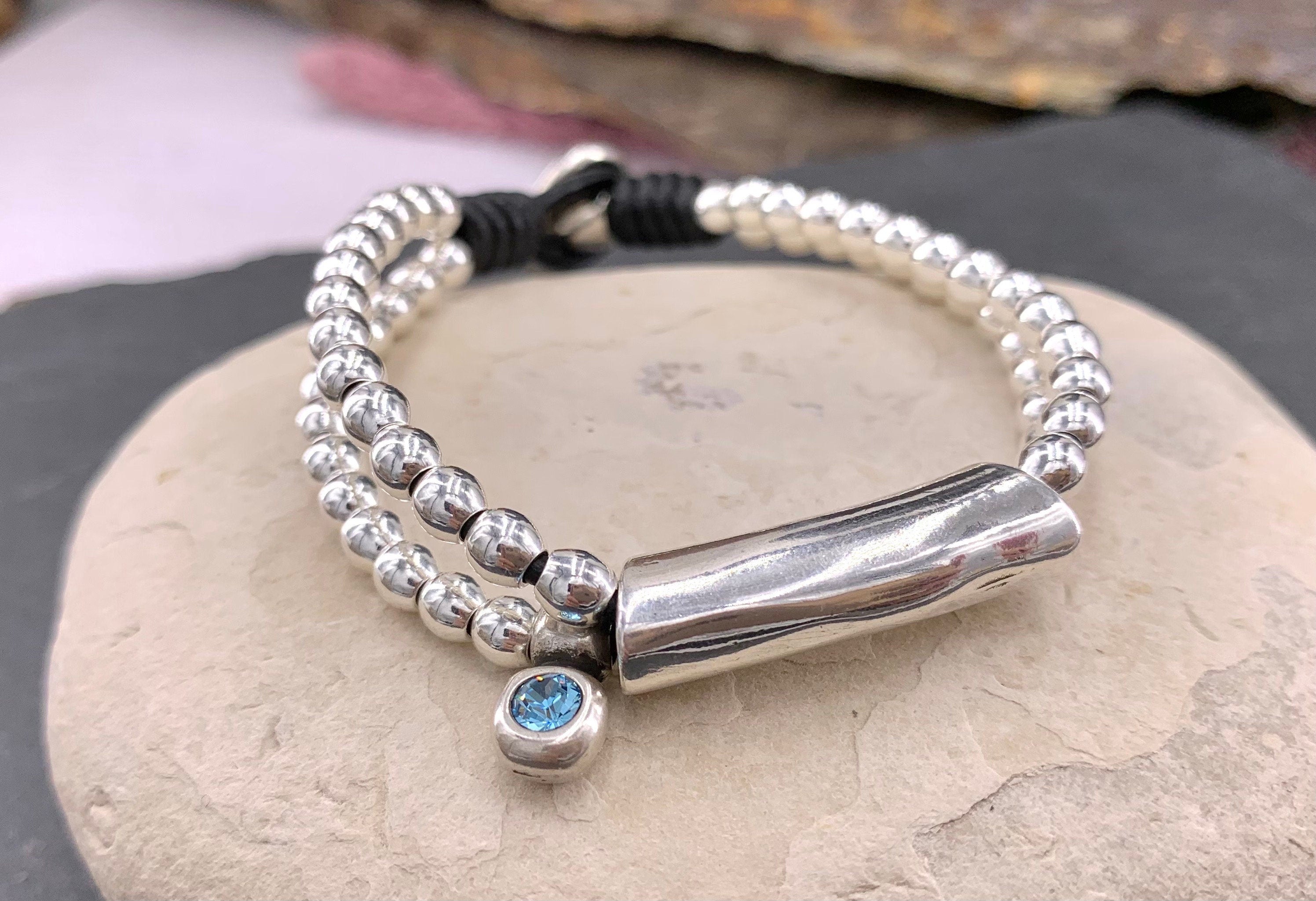 Woman boho leather beaded Bracelet, women leather bracelet, boho beaded , silver beads bracelet, leather bracelet,