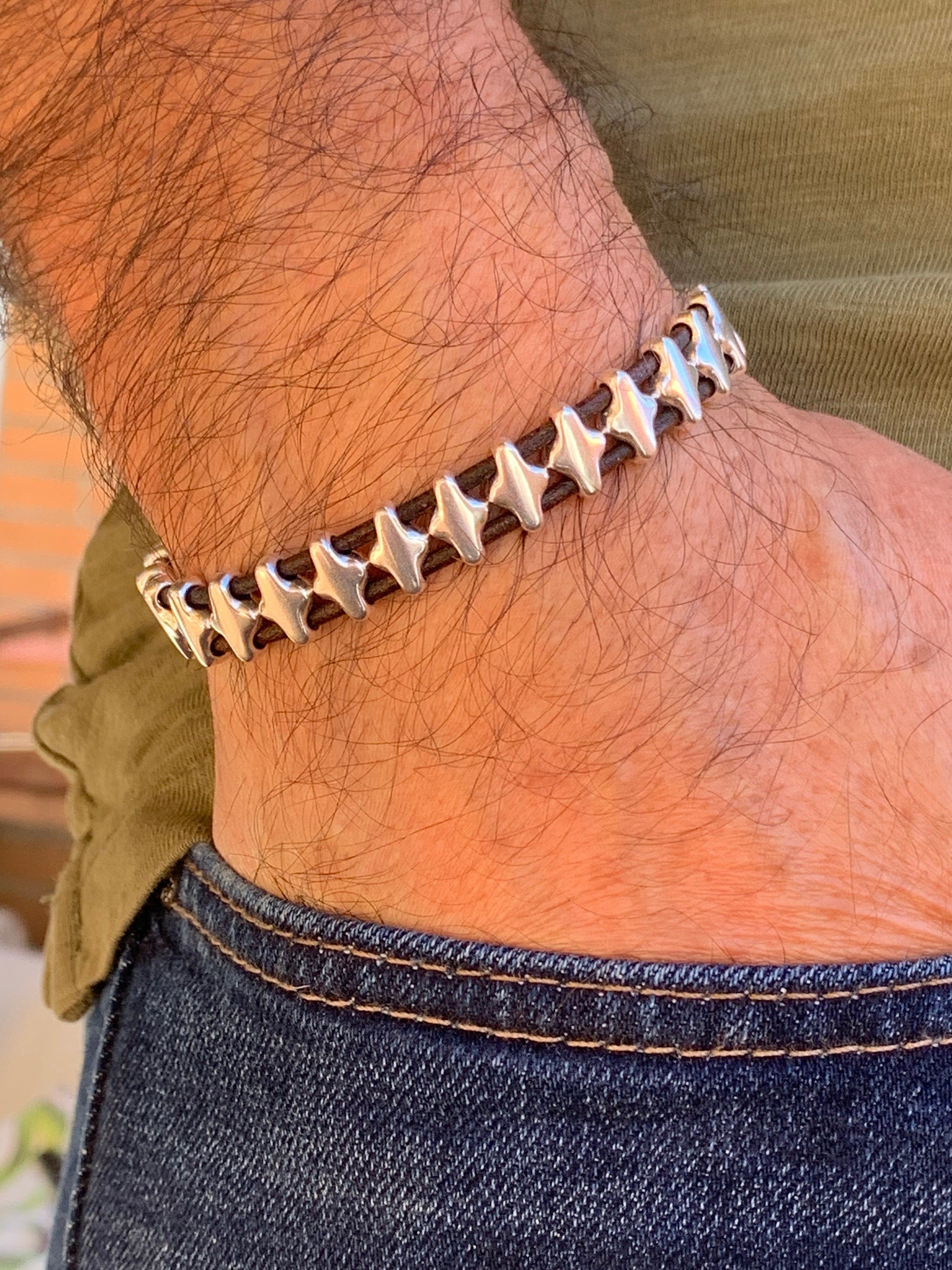 leather bracelet for men, silver beaded leather bracelet, silver beads bracelet, surf bracelet, bohemian men bracelet, gift for men, men’s