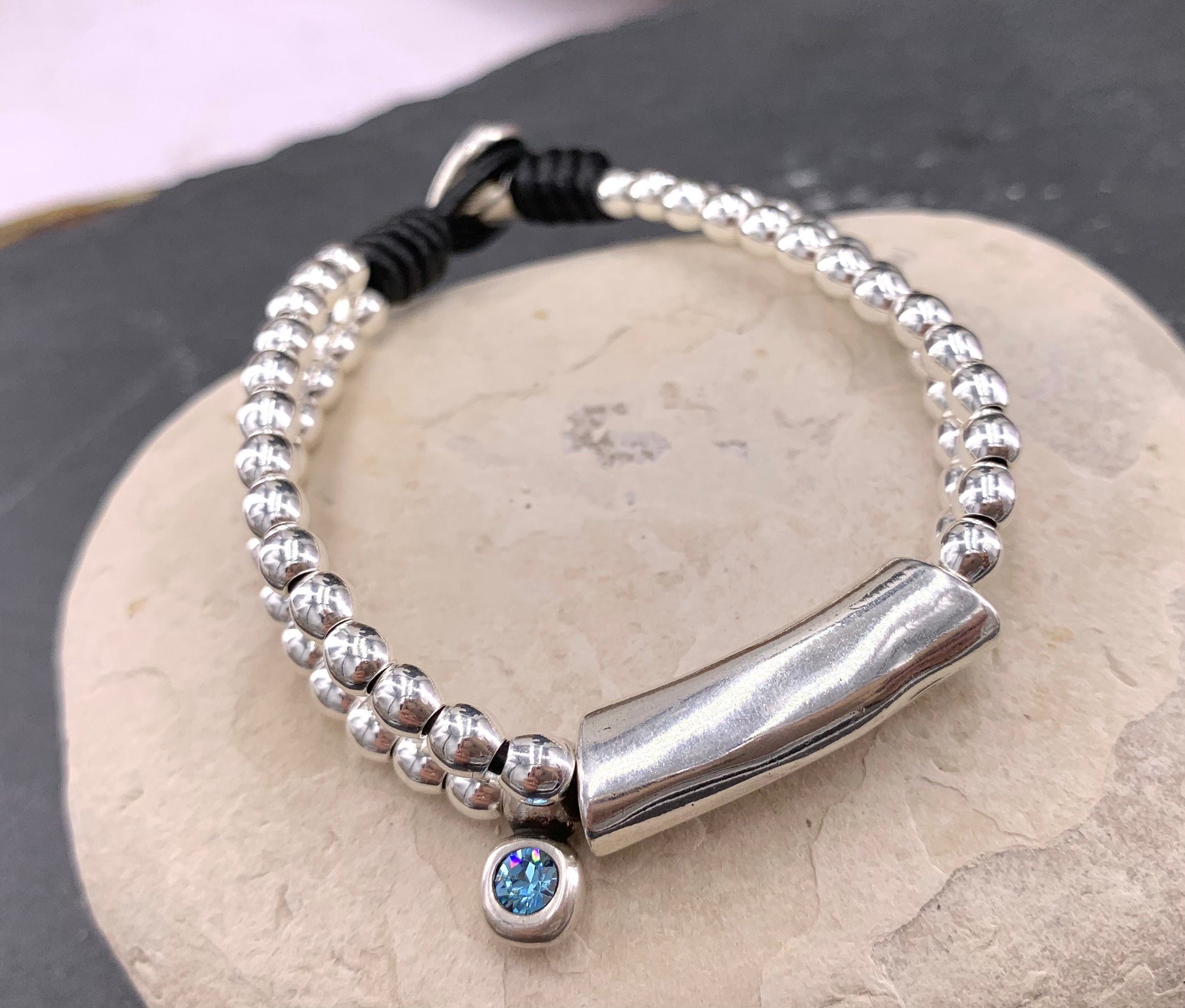 Woman boho leather beaded Bracelet, women leather bracelet, boho beaded , silver beads bracelet, leather bracelet,