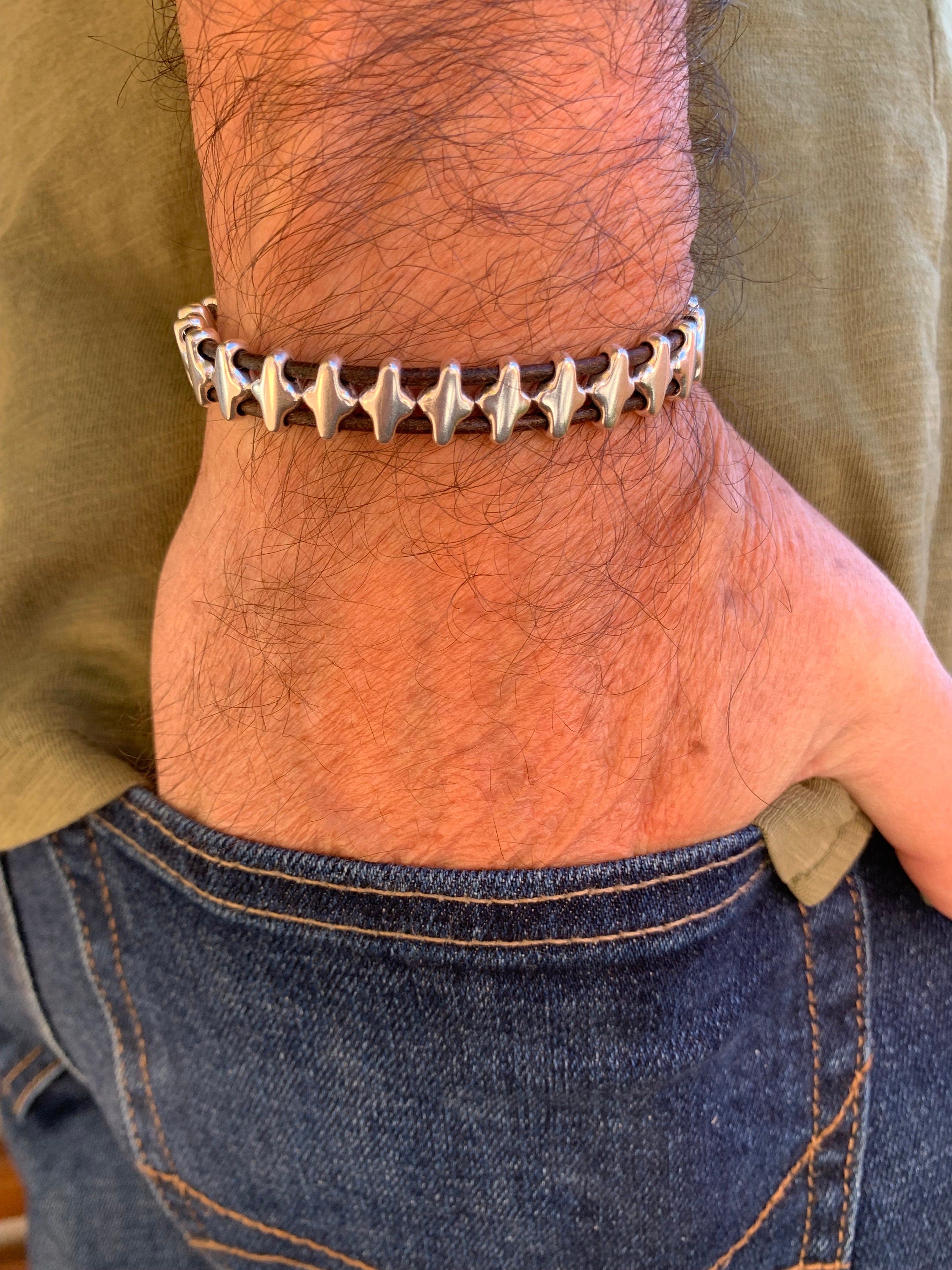 leather bracelet for men, silver beaded leather bracelet, silver beads bracelet, surf bracelet, bohemian men bracelet, gift for men, men’s