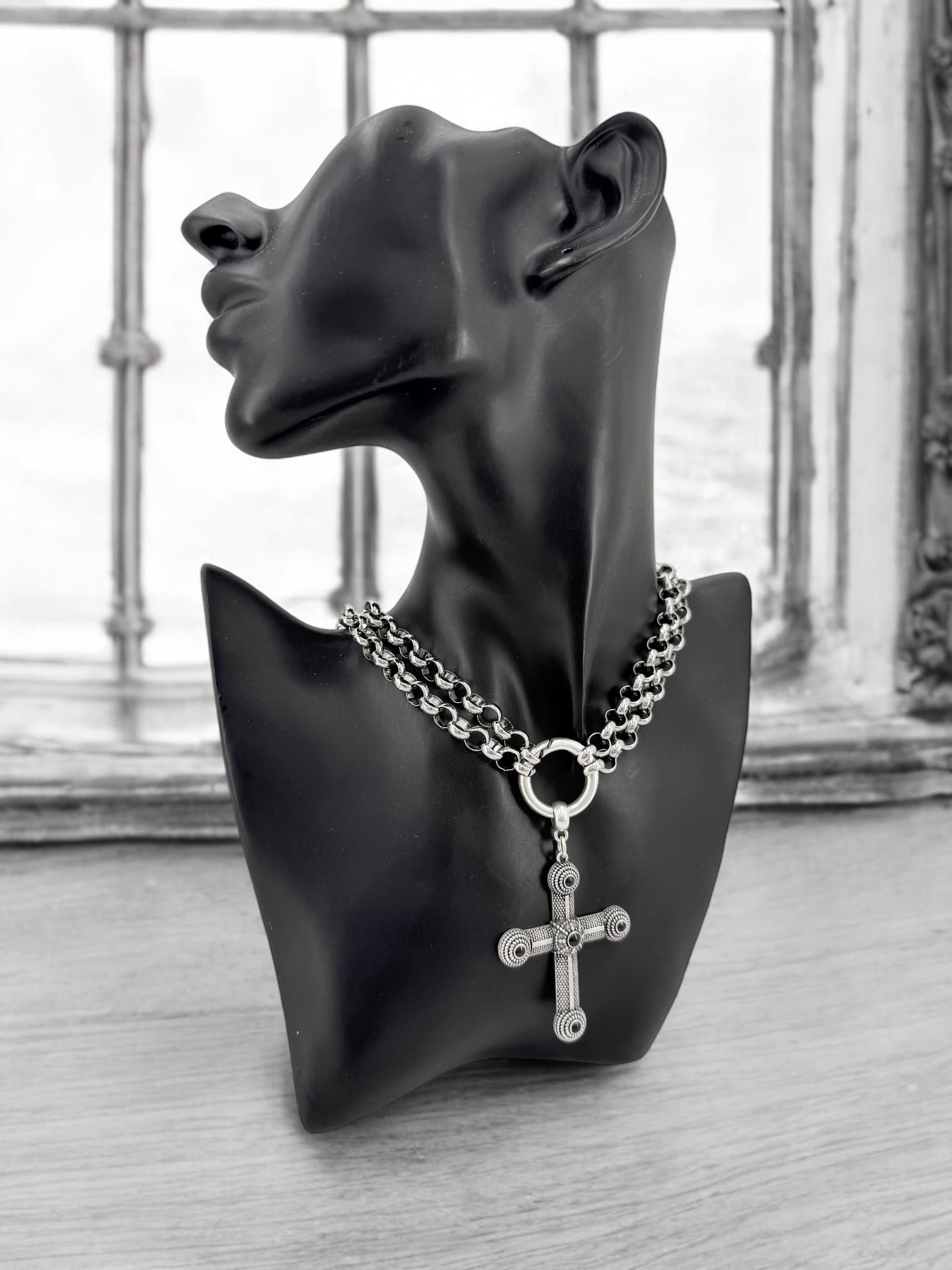 Double Strand Rock Choker with Cross Pendant – Black Enamel Details – Antique Silver Unisex Necklace – Bold Stainless Steel Chain – Handmade